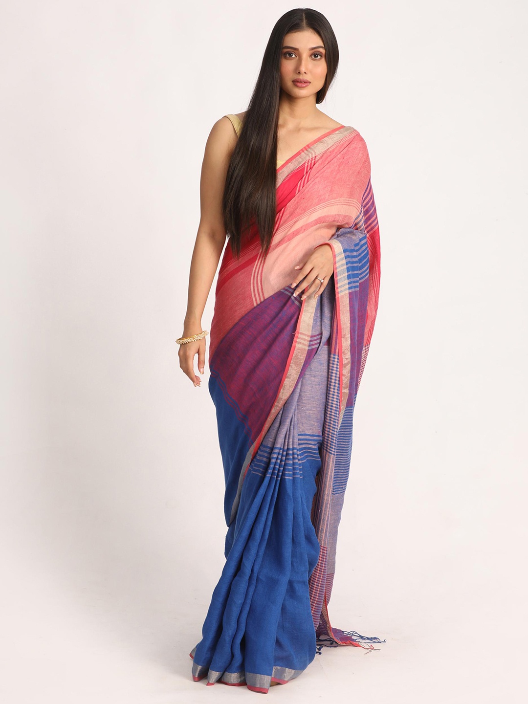 

Angoshobha Striped Woven Design Zari Pure Linen Saree, Blue