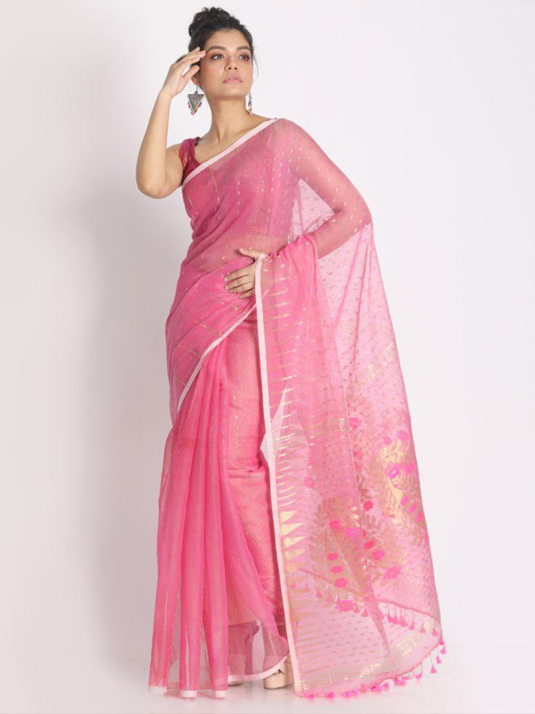 

Angoshobha Striped Woven Design Zari Silk Cotton Jamdani Saree, Pink