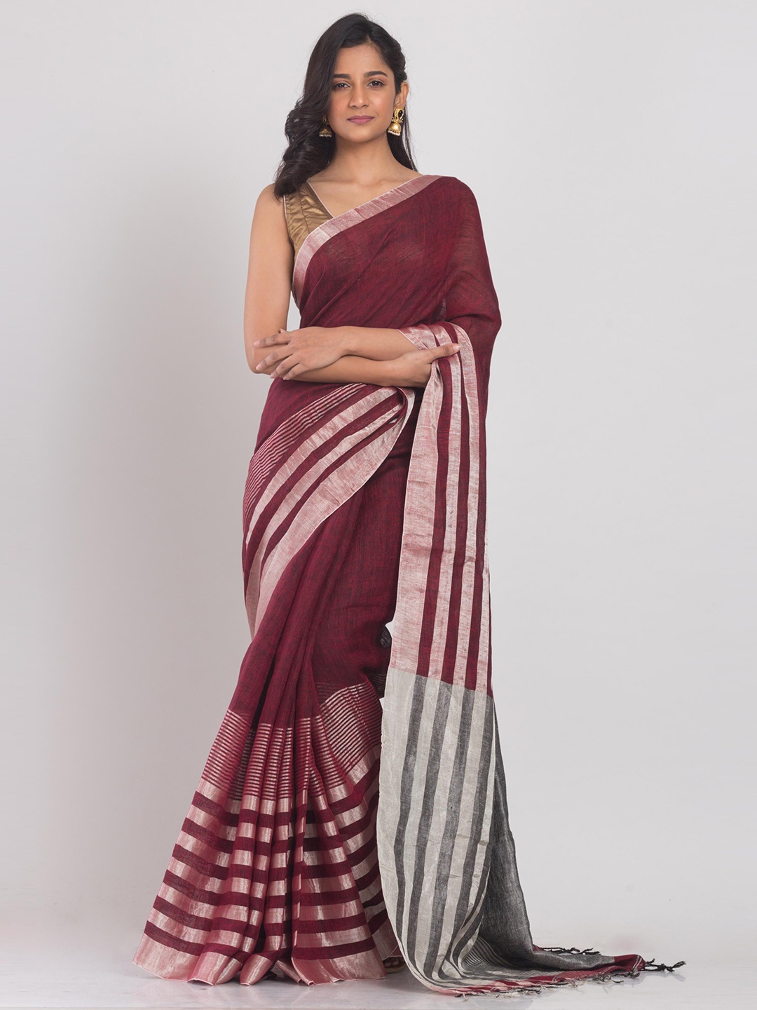 

Angoshobha Striped Woven Design Zari Pure Linen Saree, Maroon