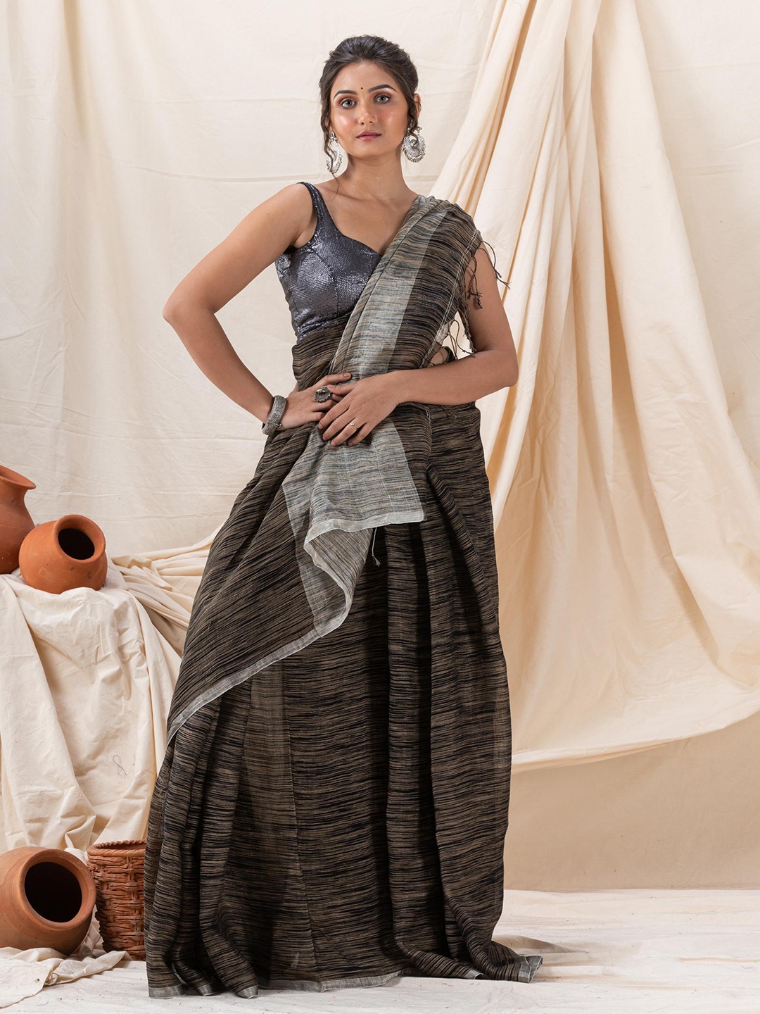 

Angoshobha Striped Woven Design Pure Linen Saree, Brown