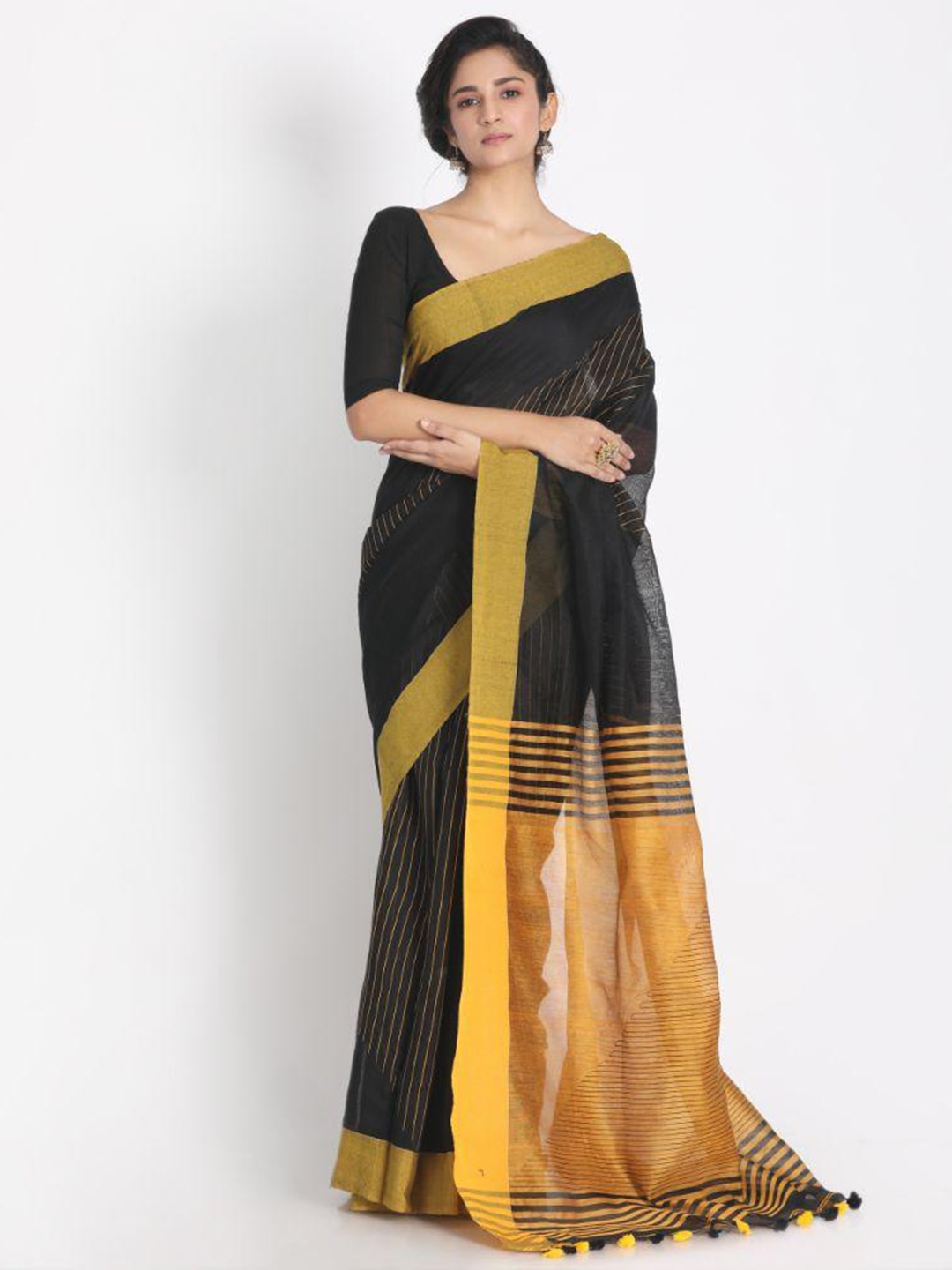 

Angoshobha Striped Woven Design Silk Cotton Saree, Black