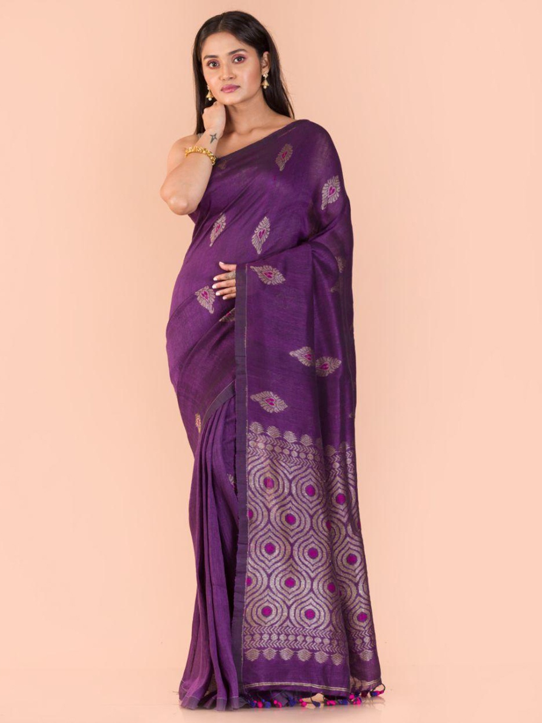 

Angoshobha Woven Design Zari Pure Linen Jamdani Saree, Violet