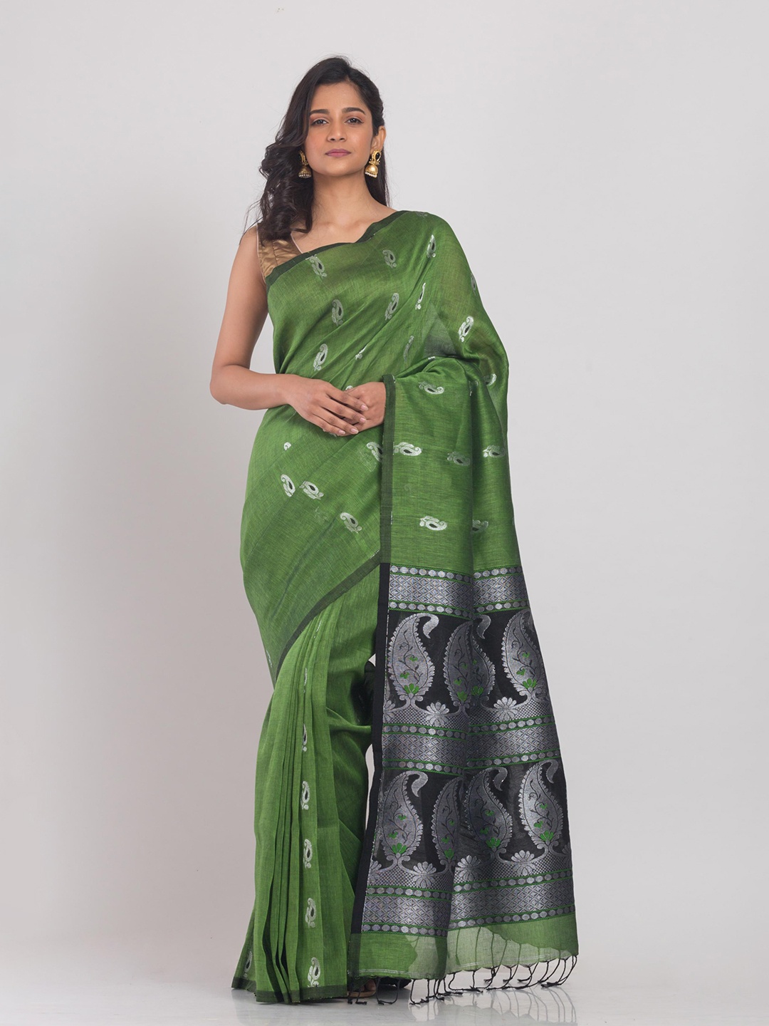 

Angoshobha Paisley Woven Design Pure Linen Saree, Green