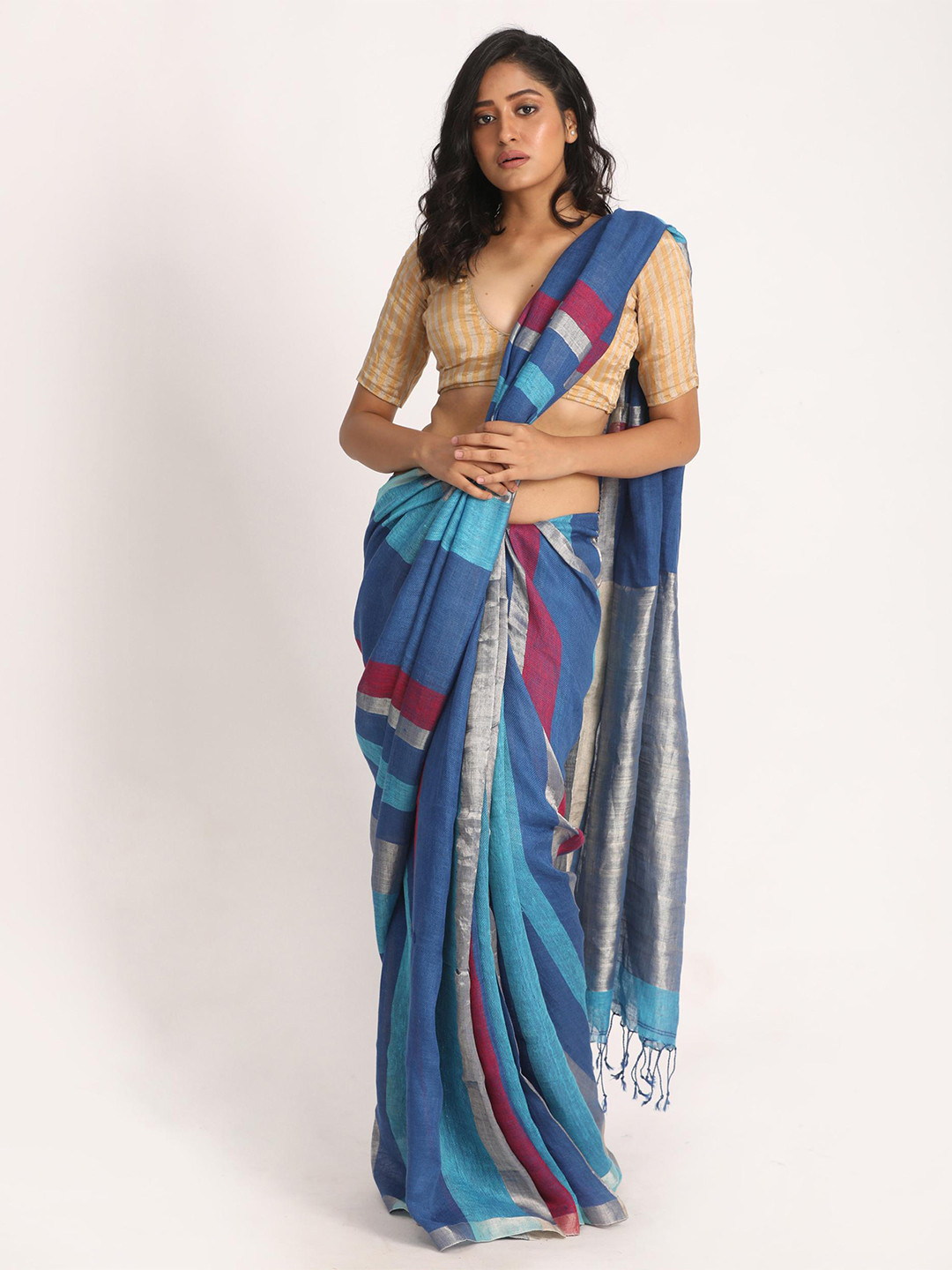 

Angoshobha Striped Woven Design Pure Linen Saree, Blue