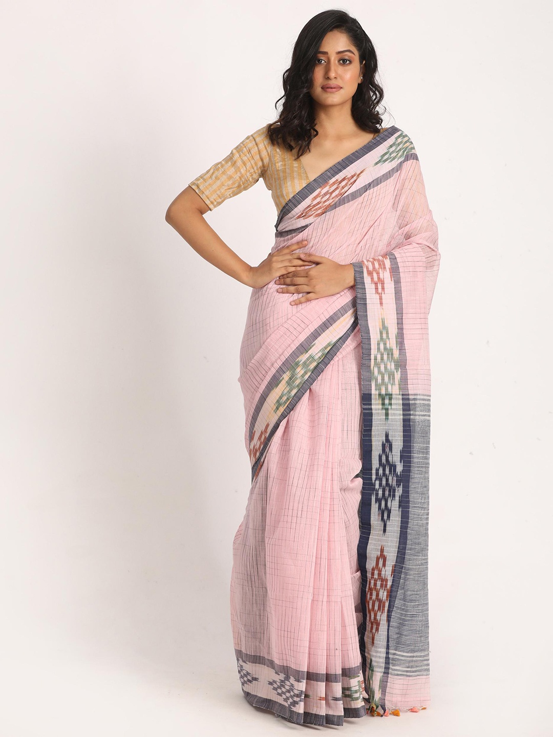 

Angoshobha Striped Woven Design Silk Cotton Saree, Pink