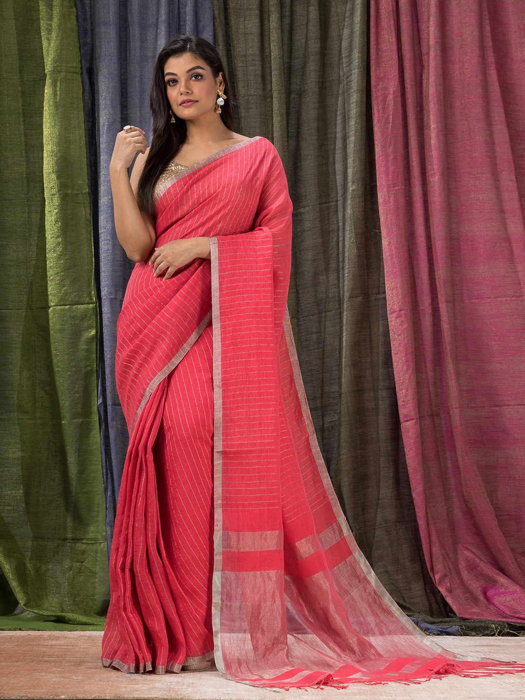 

Angoshobha Striped Woven Design Zari Pure Linen Saree, Pink