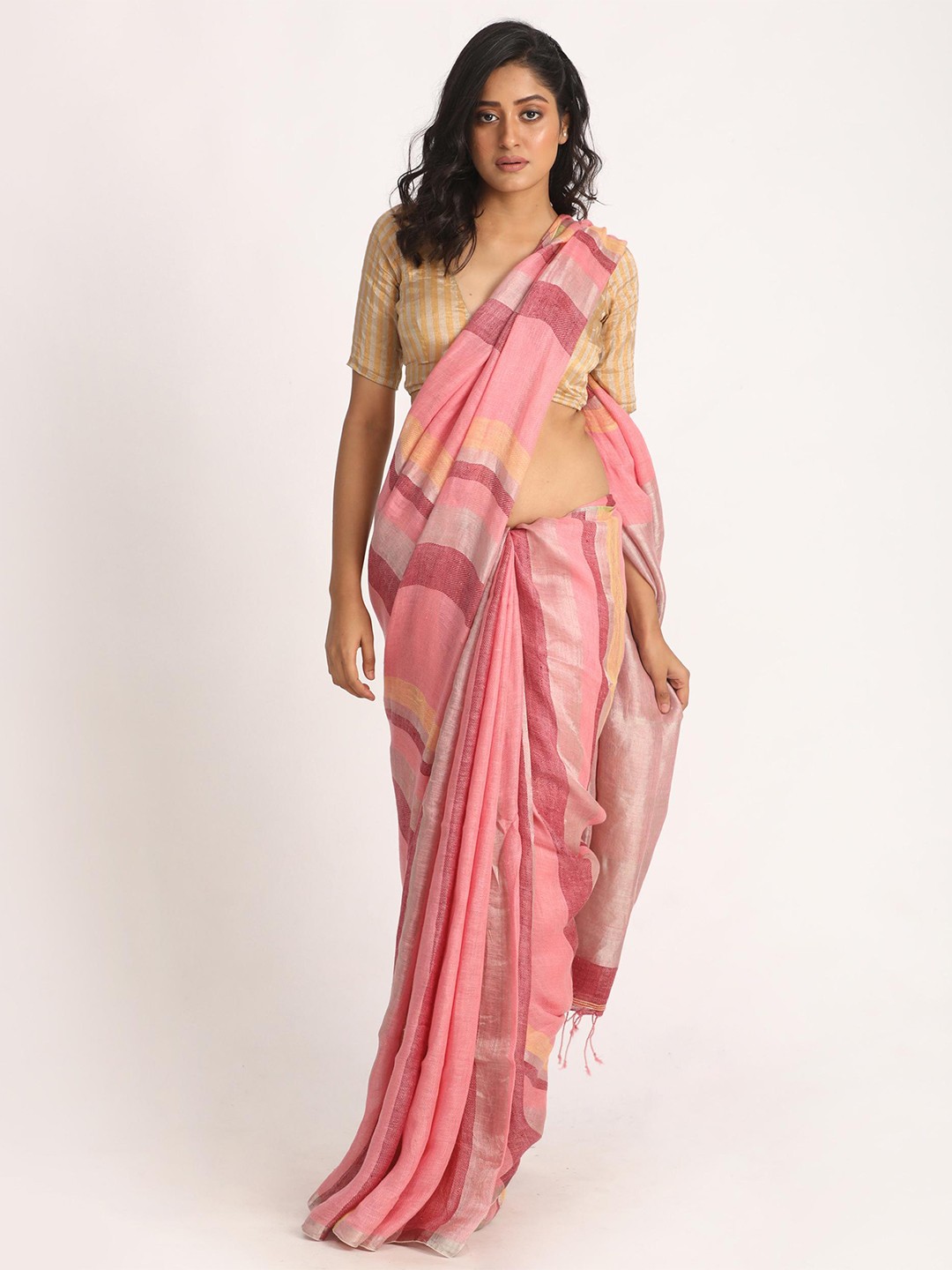 

Angoshobha Woven Design Pure Linen Saree, Pink