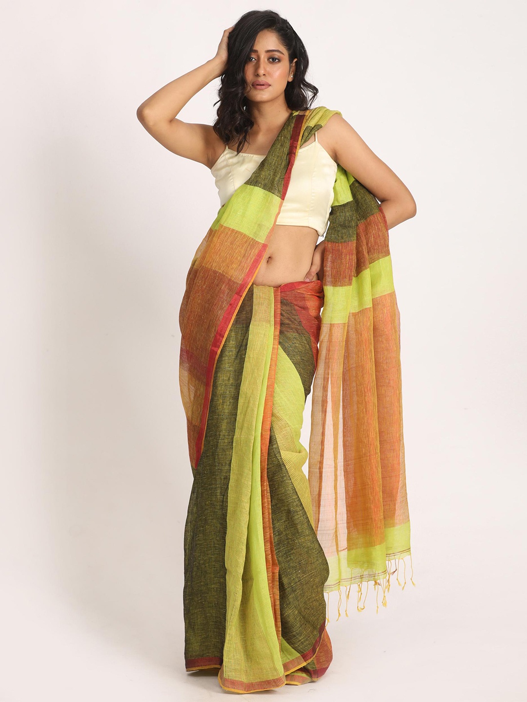 

Angoshobha Colourblocked Woven Design Pure Linen Saree, Green