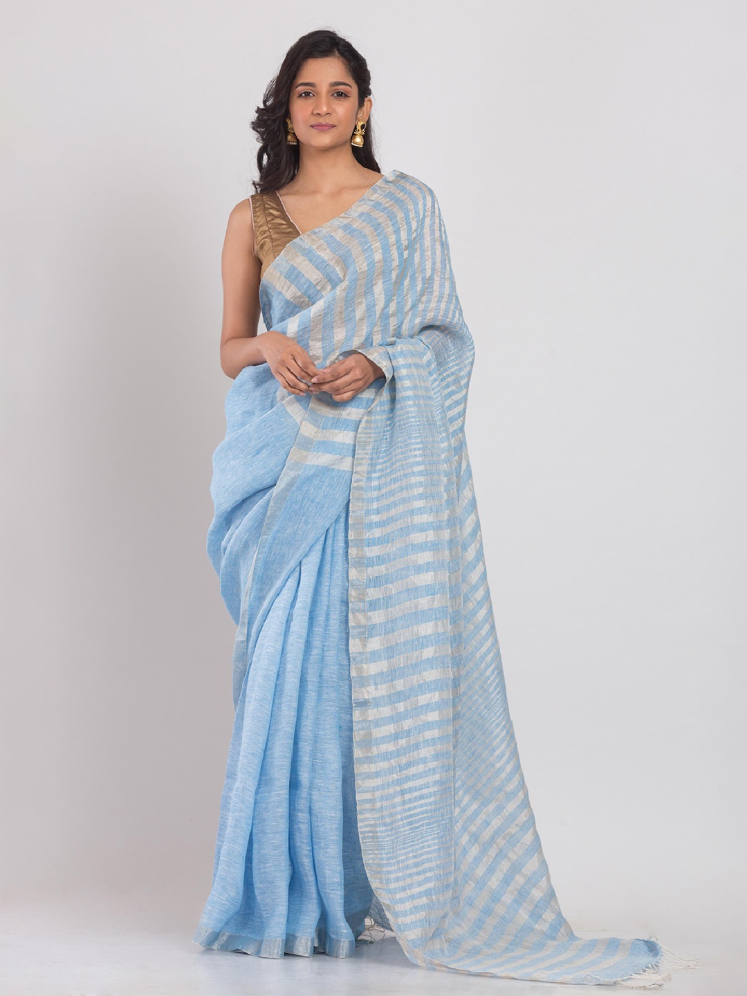 

Angoshobha Striped Woven Design Pure Linen Saree, Blue