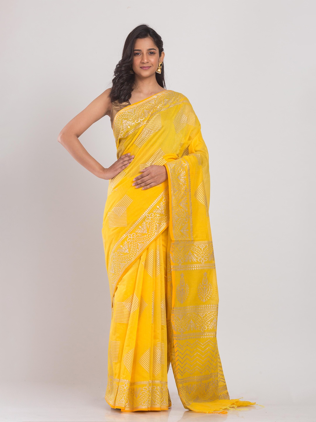 

Angoshobha Geometric Woven Design Zari Silk Cotton Saree, Yellow