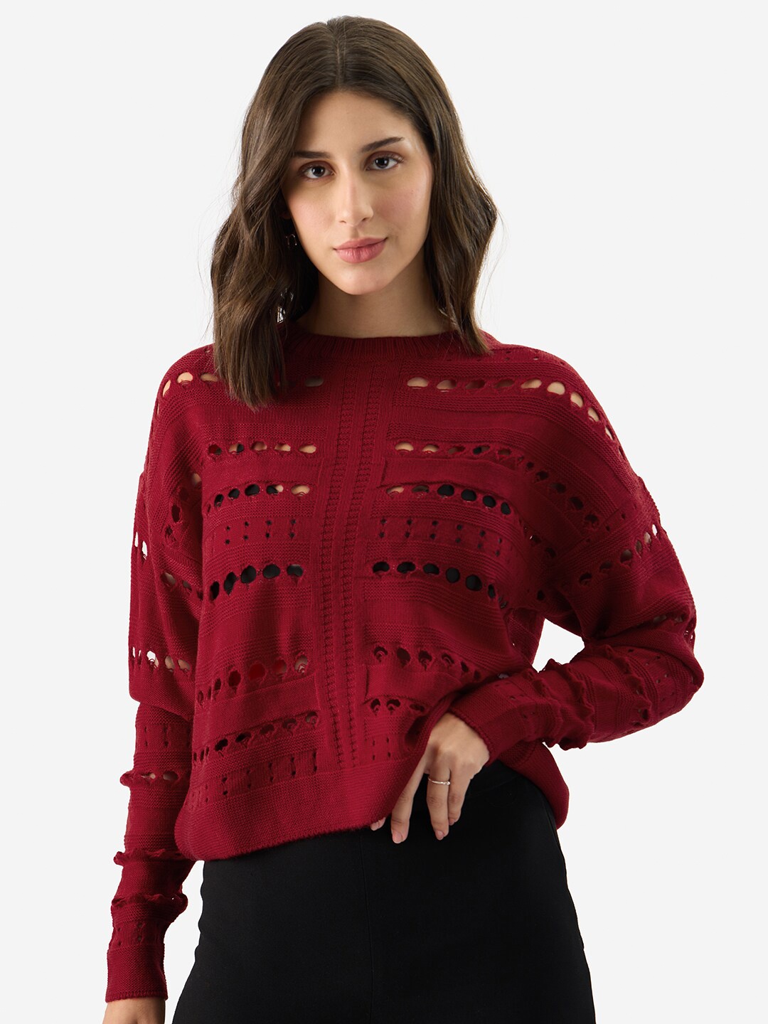 

The Souled Store Open Knit Self Design Acrylic Pullover Sweater, Red