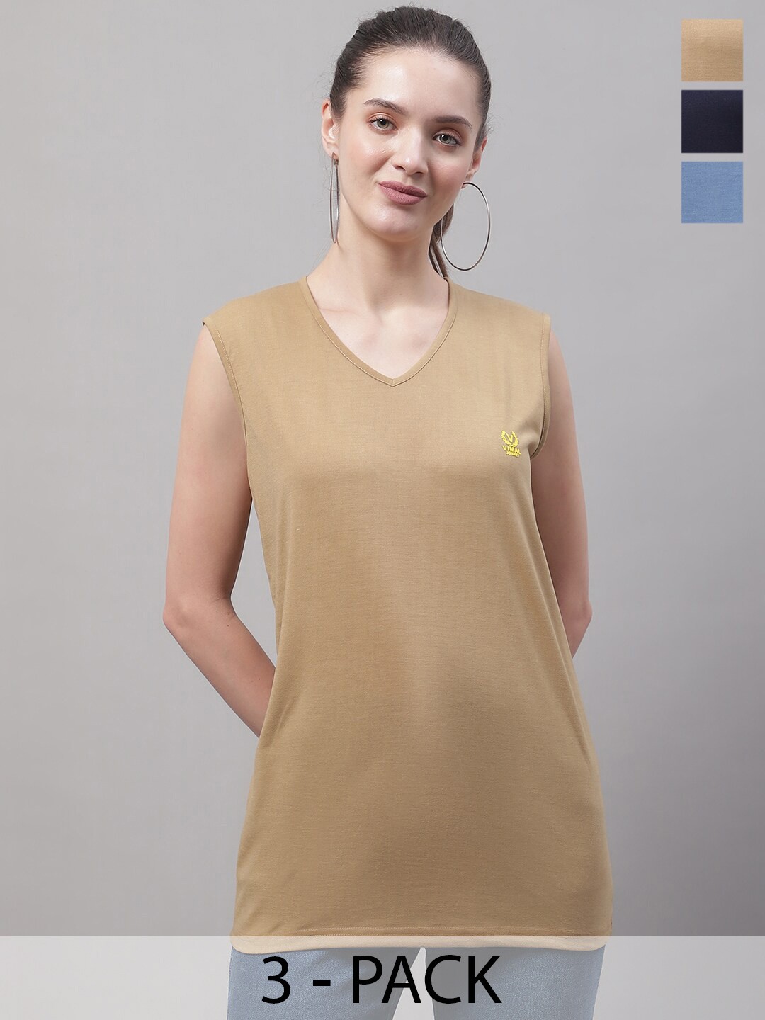 

VIMAL JONNEY Pack of 3 V-Neck Sleeveless Cotton Longline T-shirts, Brown