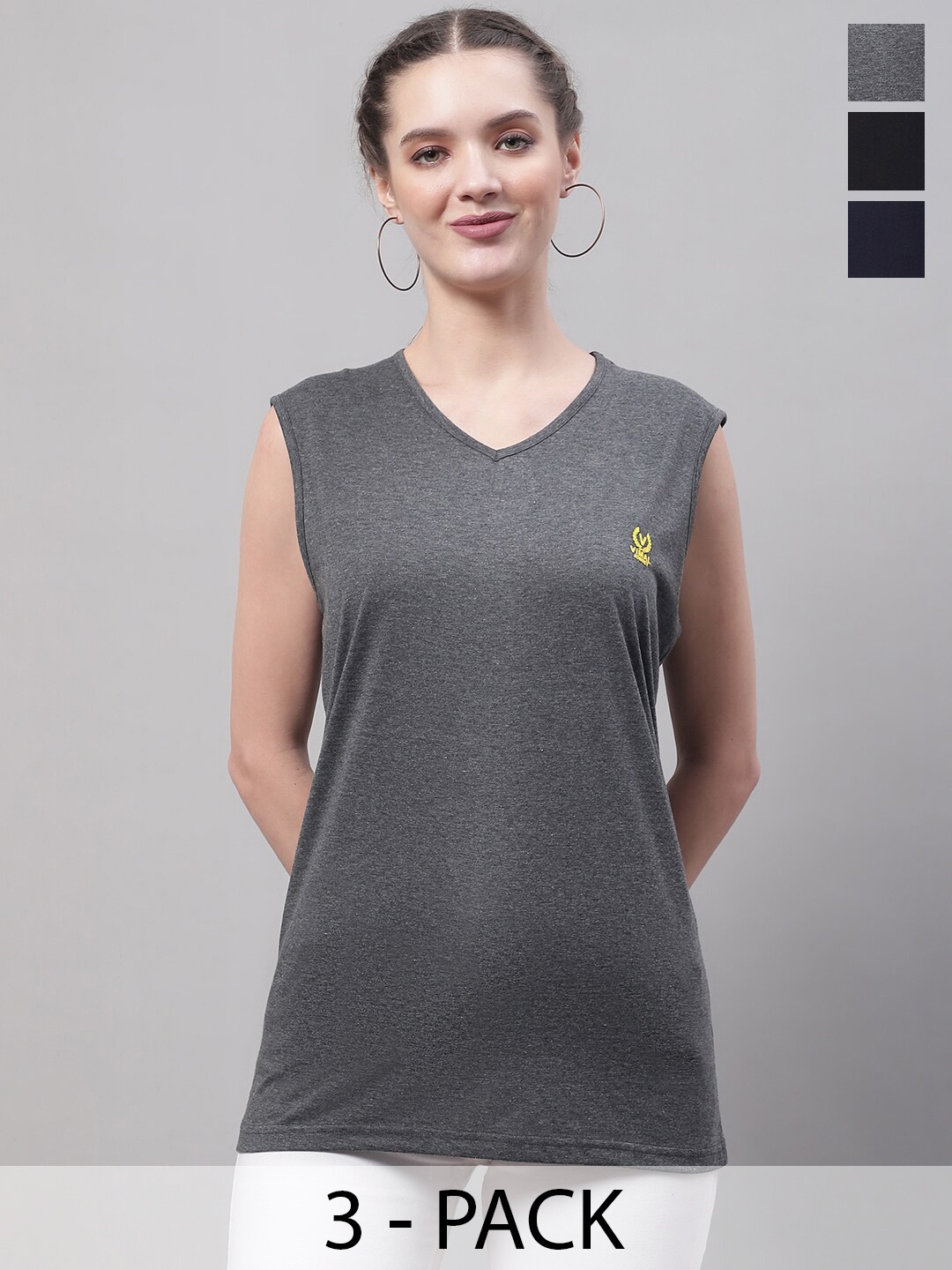 

MACK JONNEY Pack Of 3 V-Neck Sleeveless Cotton T-shirts, Grey