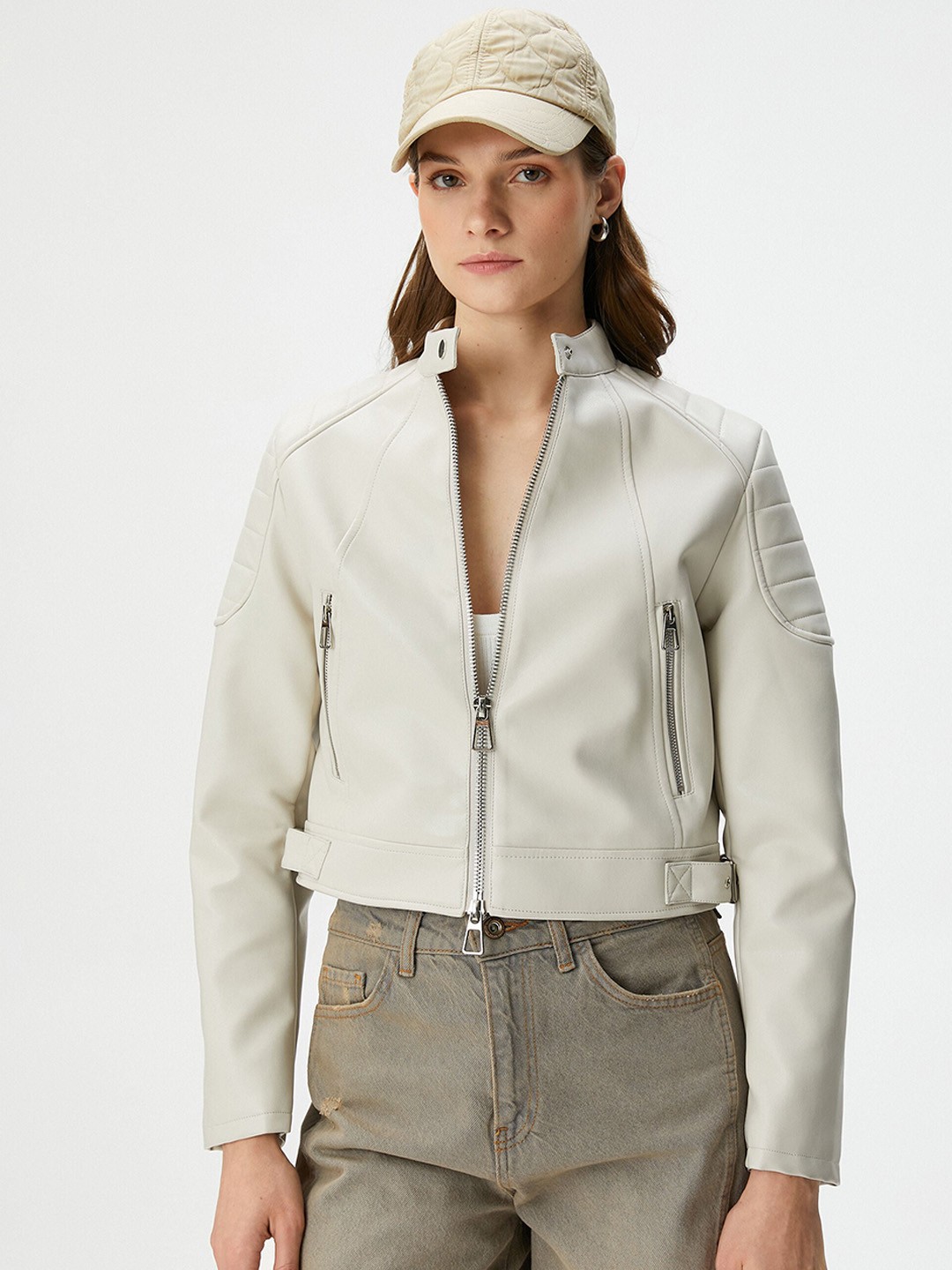

Koton Stand Collar Leather Jacket, Beige