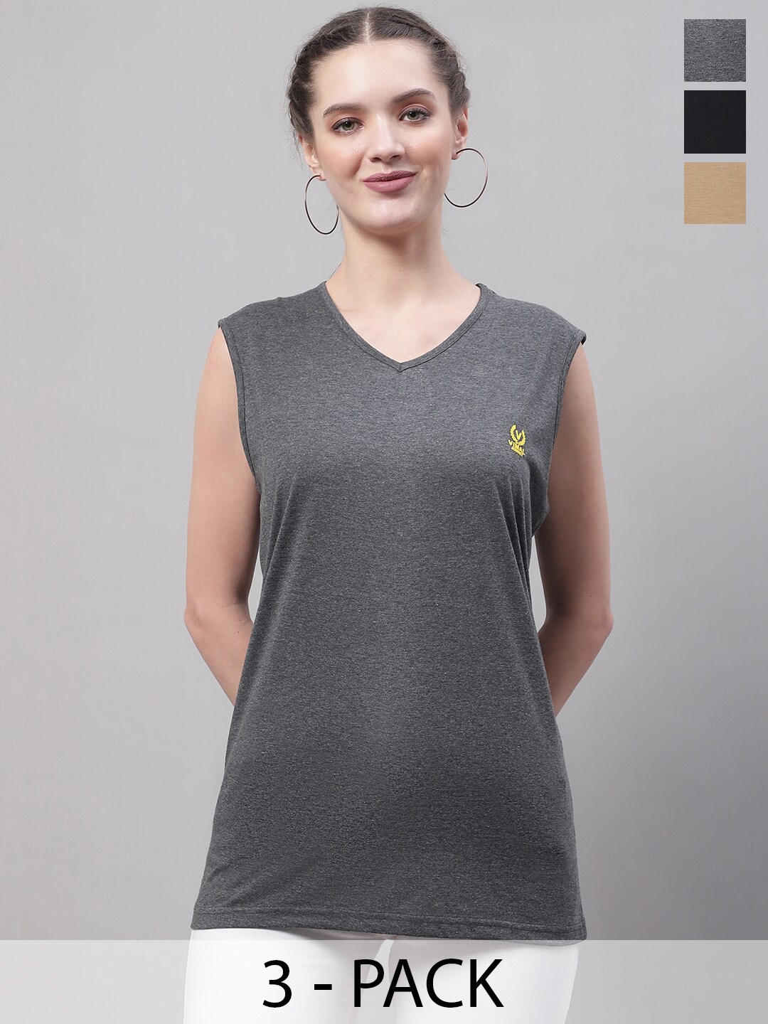 

VIMAL JONNEY Pack Of 3 V-Neck Sleeveless Cotton T-shirts, Grey
