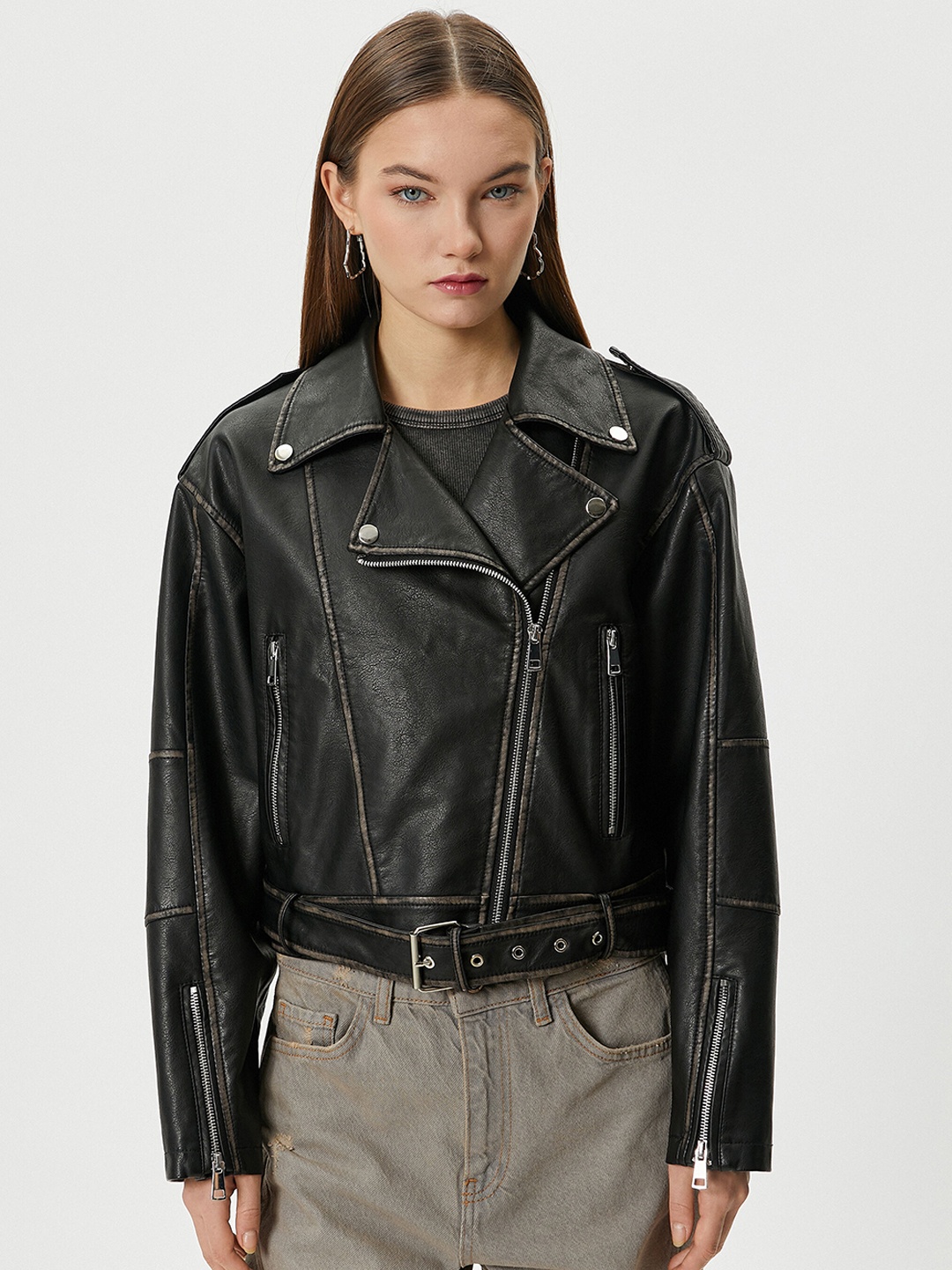 

Koton Notched Lapel Collar Biker Jacket, Black