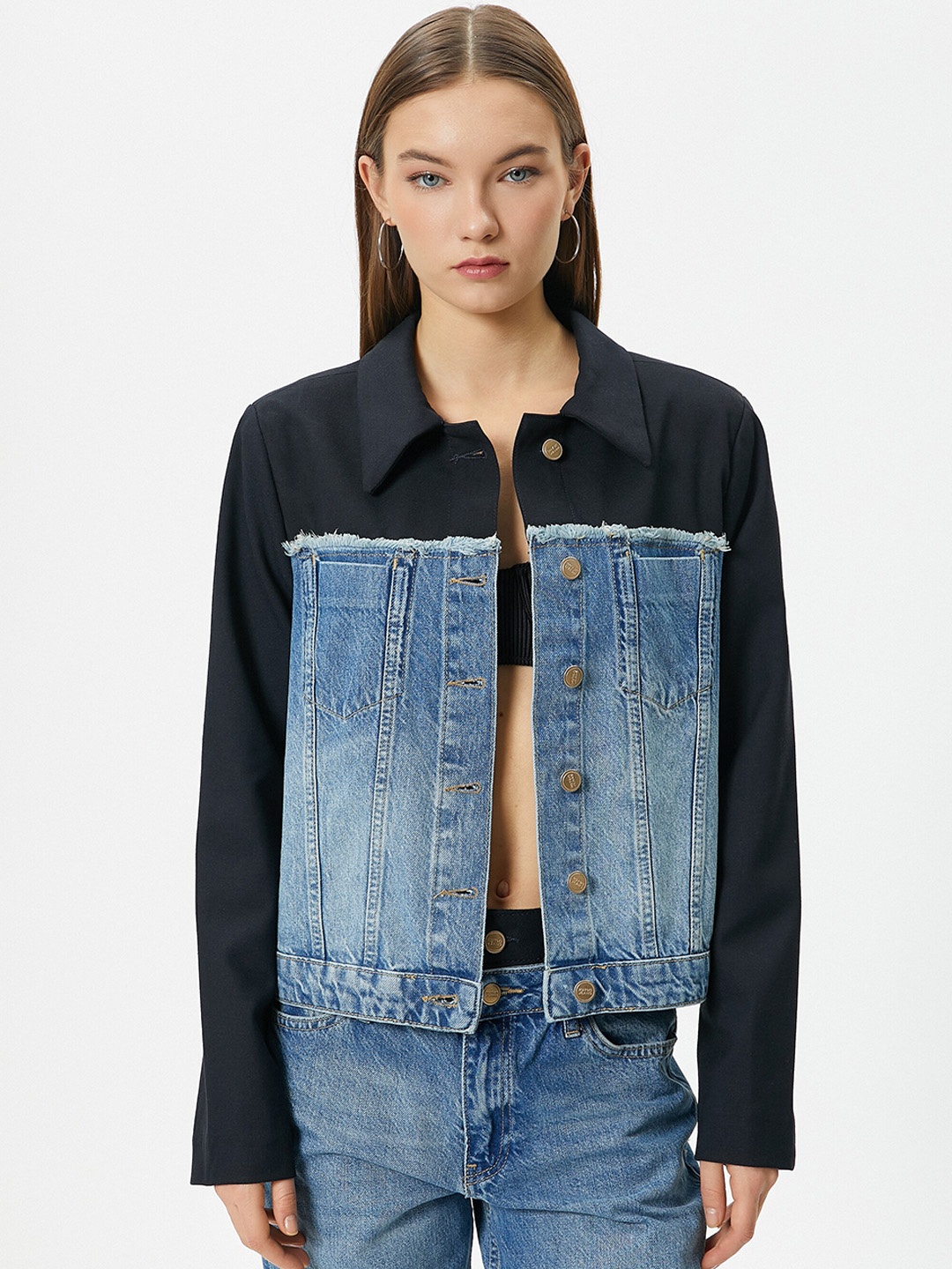 

Koton Spread Collar Cotton Denim Jacket, Blue