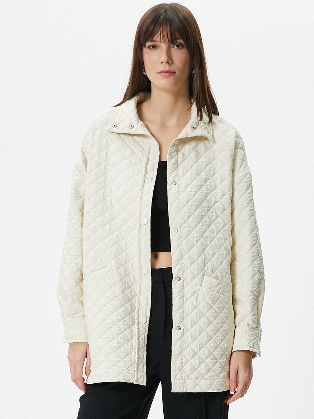 

Koton Spread Collar Longline Quilted Jacket, Beige