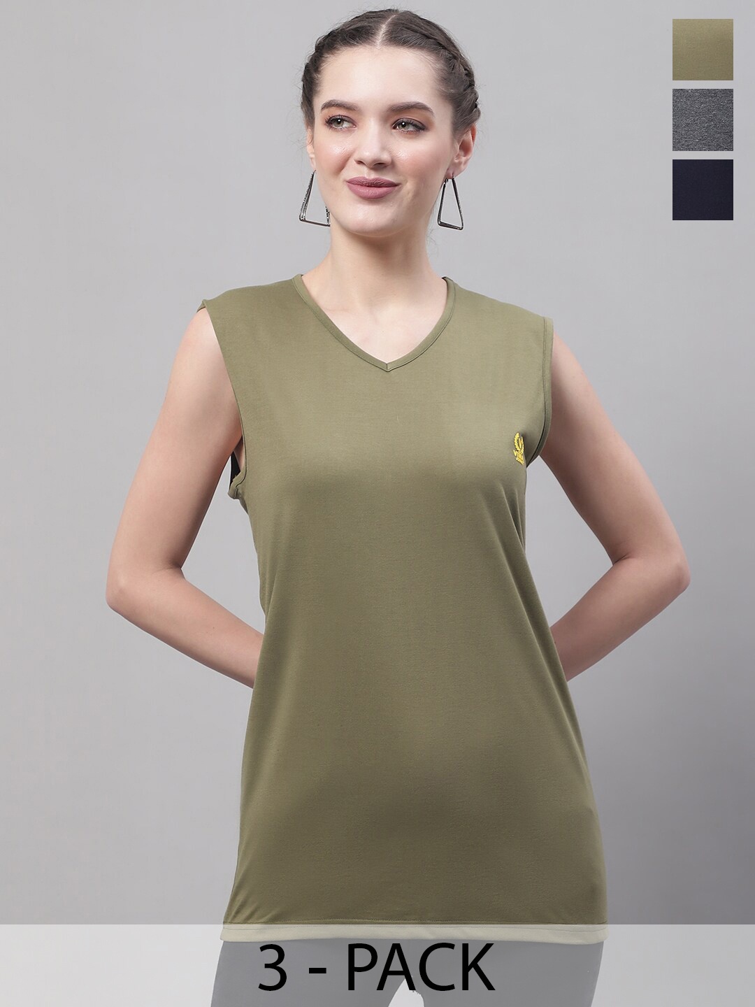 

MACK JONNEY Pack of 3 V-Neck Sleeveless Cotton Sports T-shirts, Green