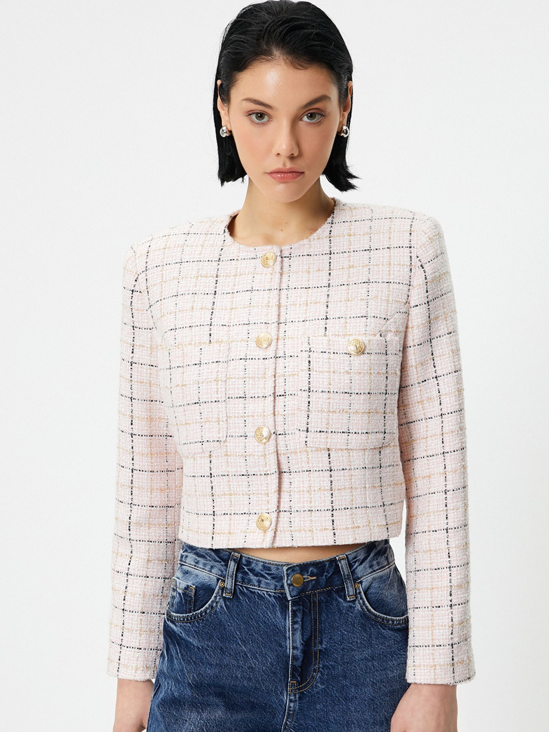 

Koton Checked Acrylic Crop Tailored Jacket, Pink