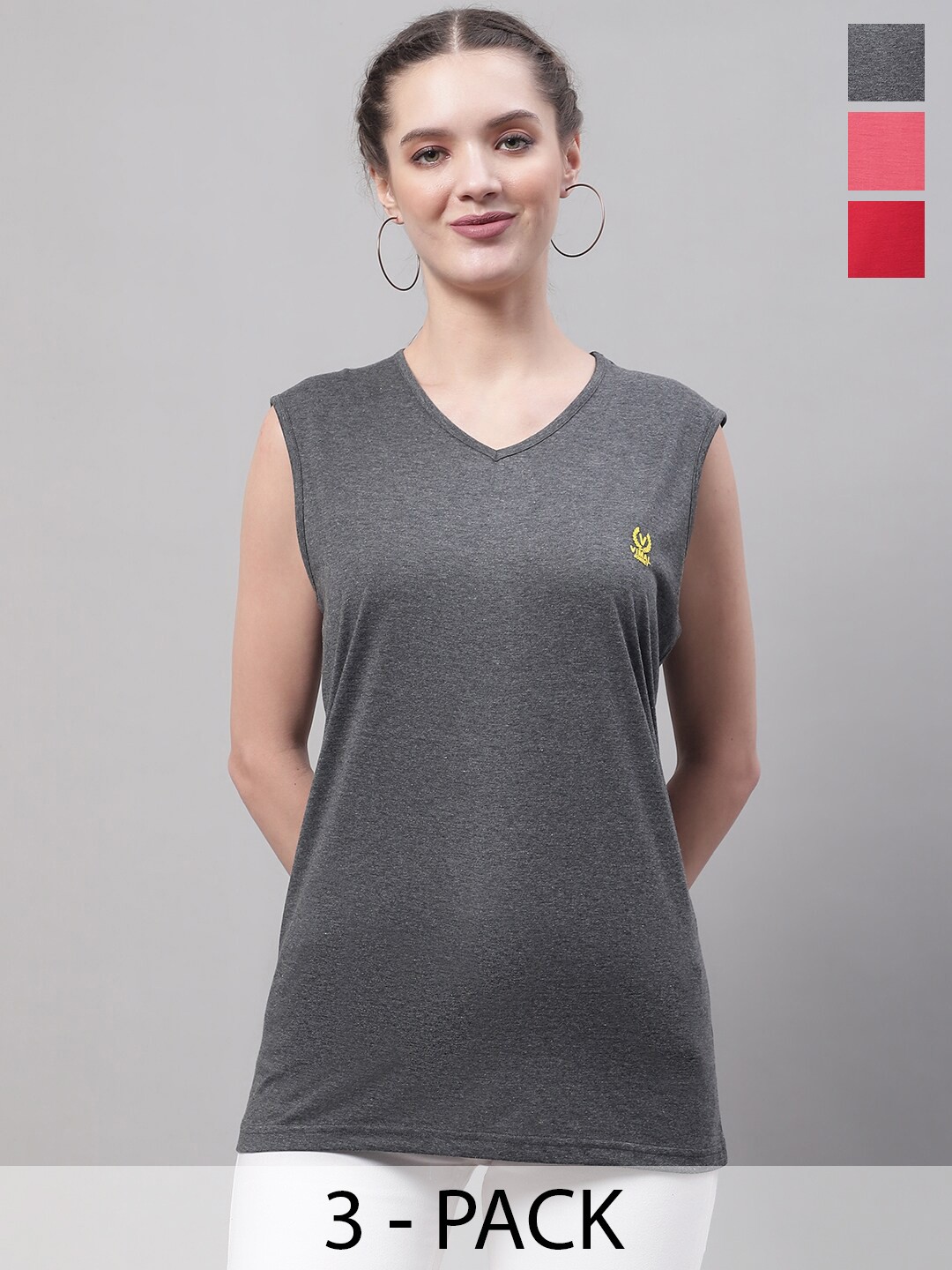 

VIMAL JONNEY Pack Of 3 V-Neck Sleeveless Cotton T-shirt, Charcoal