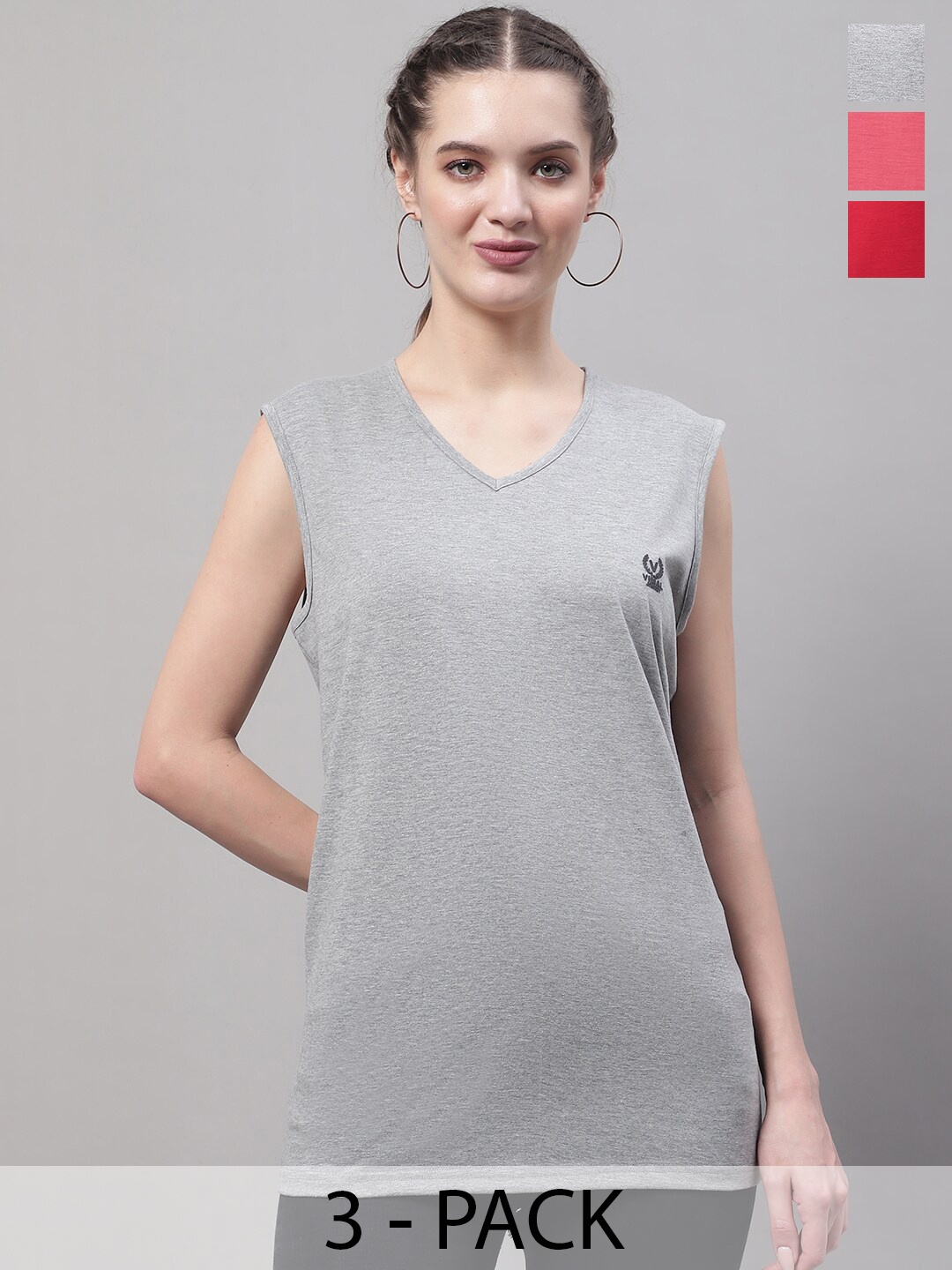 

VIMAL JONNEY Pack Of 3 Sleeveless Cotton T-shirt, Grey