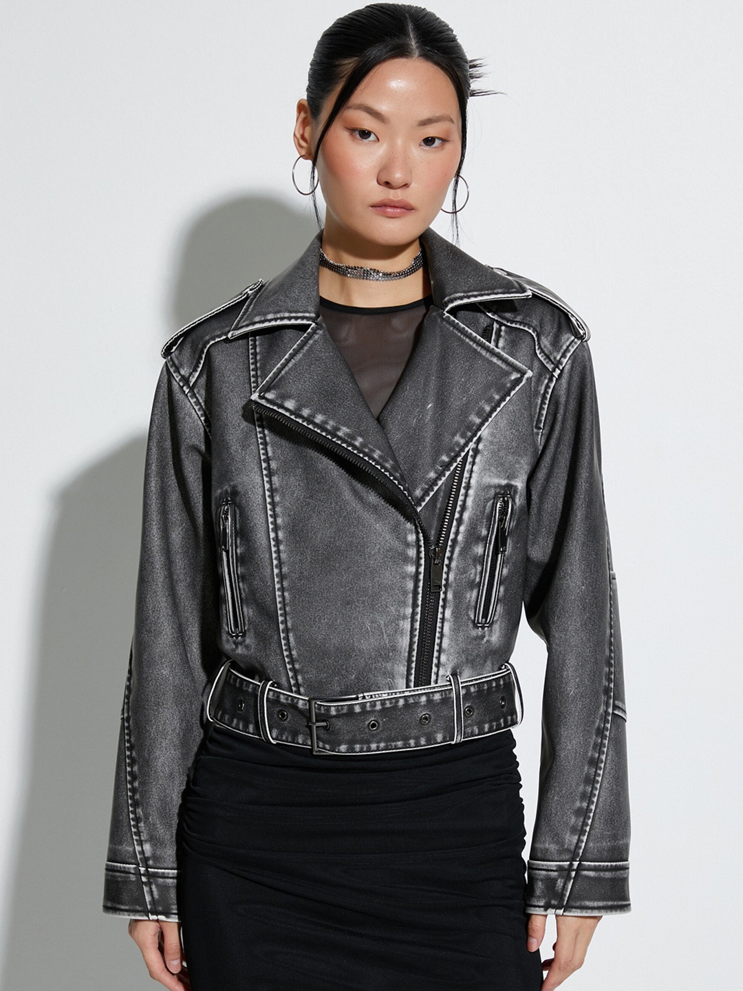 

Koton Notched Lapel Collar Biker Jacket, Grey