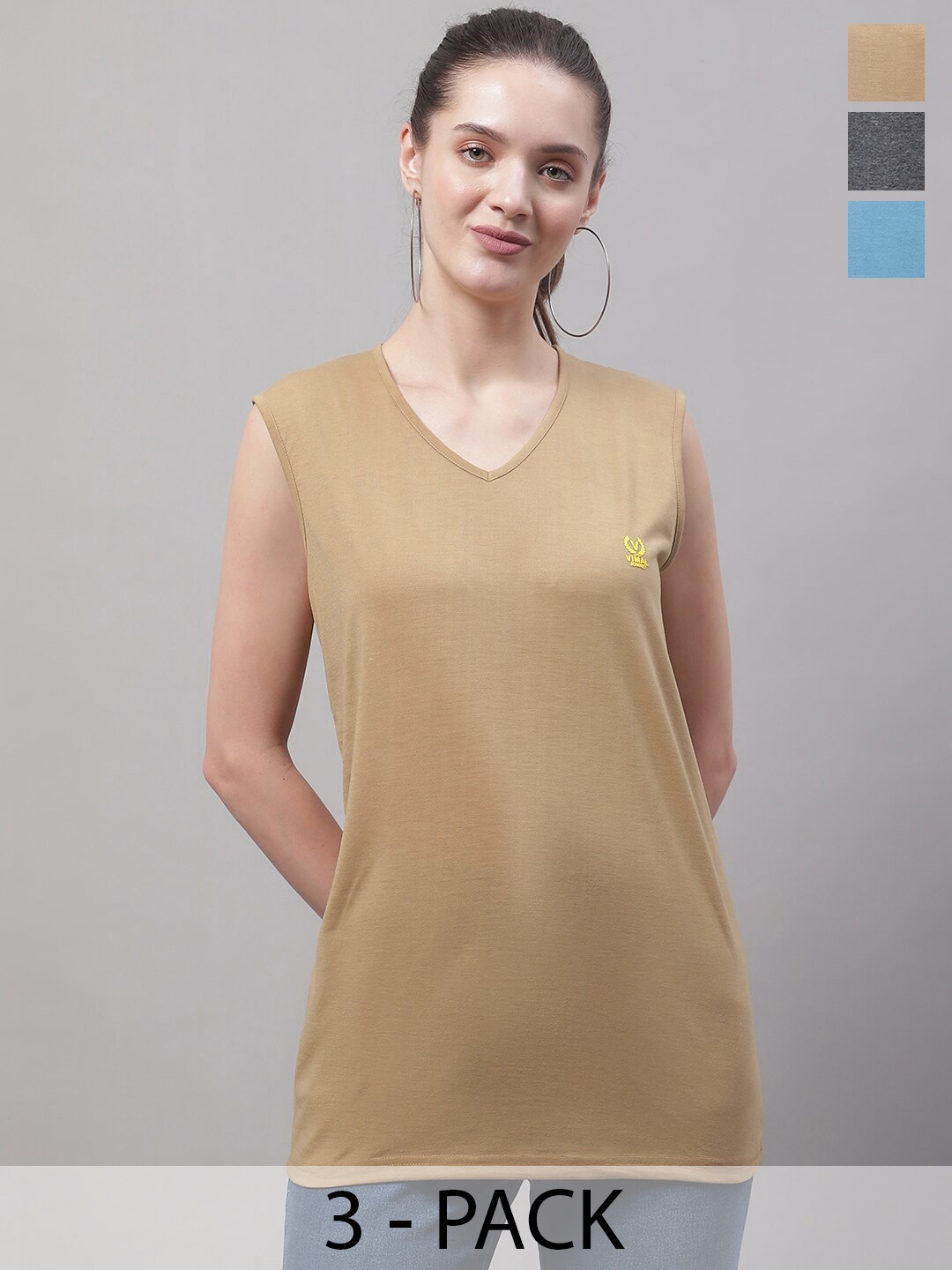 

MACK JONNEY Pack of 3 V-Neck Sleeveless Cotton Sports T-shirts, Beige