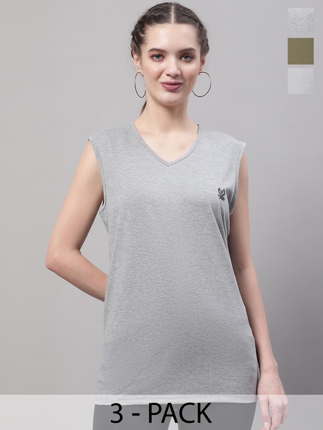 

VIMAL JONNEY Pack Of 3 V-Neck Sleeveless Cotton T-shirt, Grey