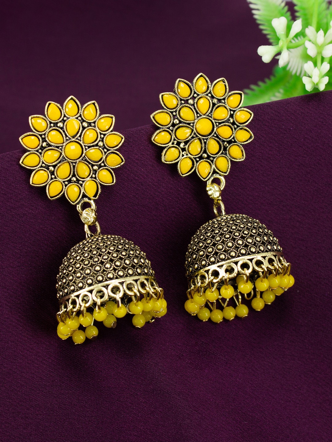 

PRIVIU Gold-Plated Dome Shaped Studded Jhumkas