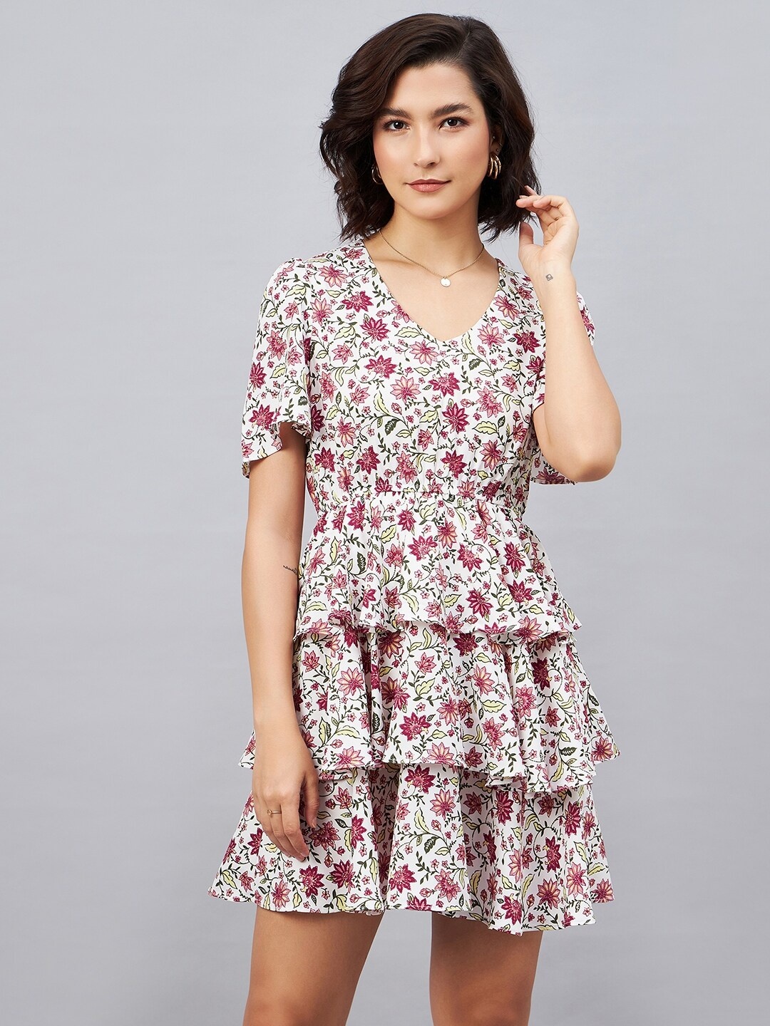 

Orchid Blues Floral Printed Flared Sleeve Layered Fit & Flare Dress, White