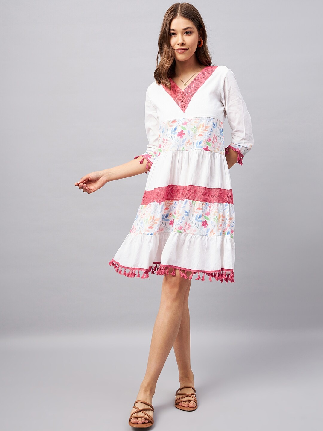 

Orchid Blues Floral Printed V-Neck Puff Sleeve Cotton Fit & Flare Dress, White