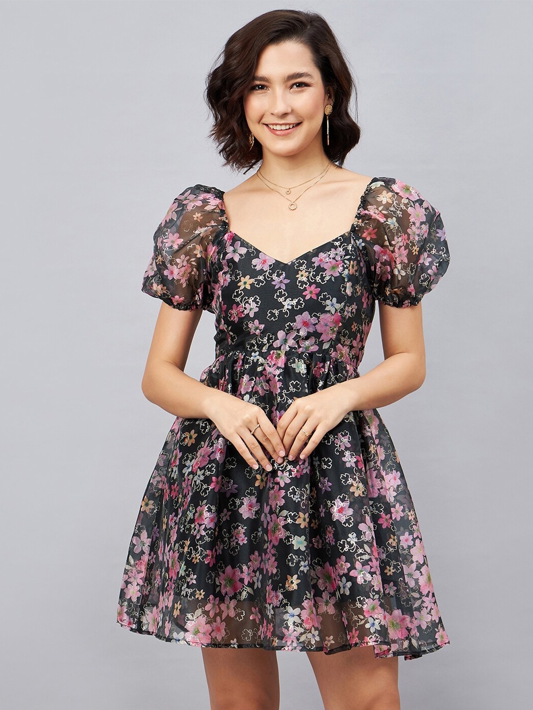 

Orchid Blues Floral Print Sweetheart Neck Puff Sleeve Fit & Flare Silk Dress, Black