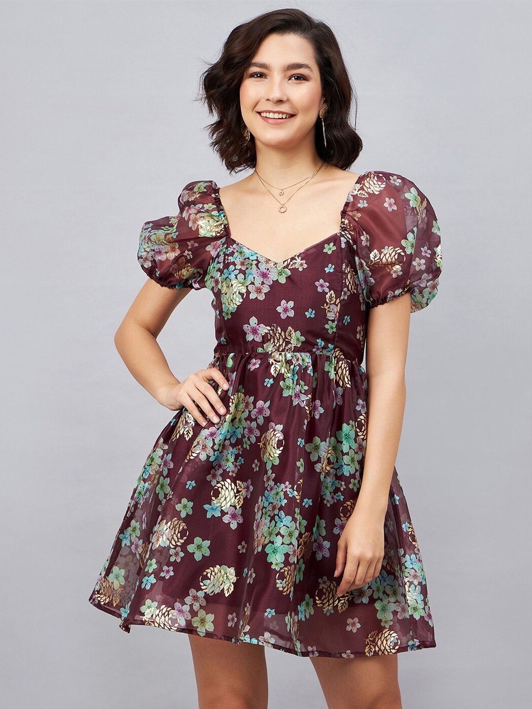 

Orchid Blues Floral Print Sweetheart Neck Puff Sleeve Fit & Flare Silk Dress, Maroon