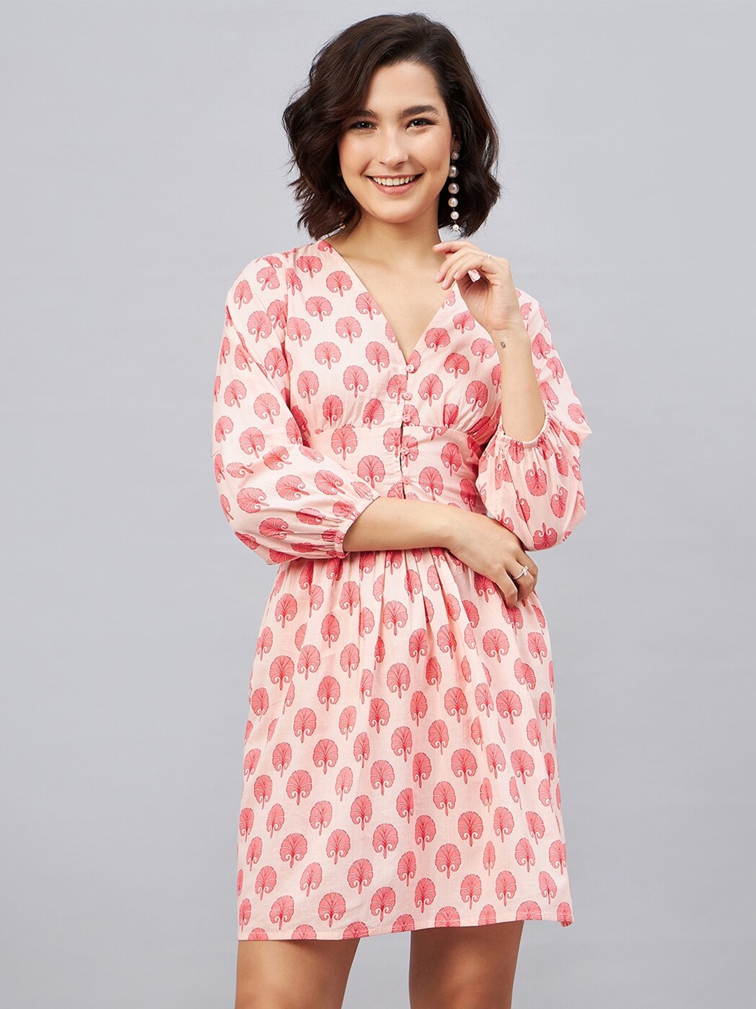 

Orchid Blues Ethnic Motifs Print V-Neck Puff Sleeve A-Line Dress, Pink