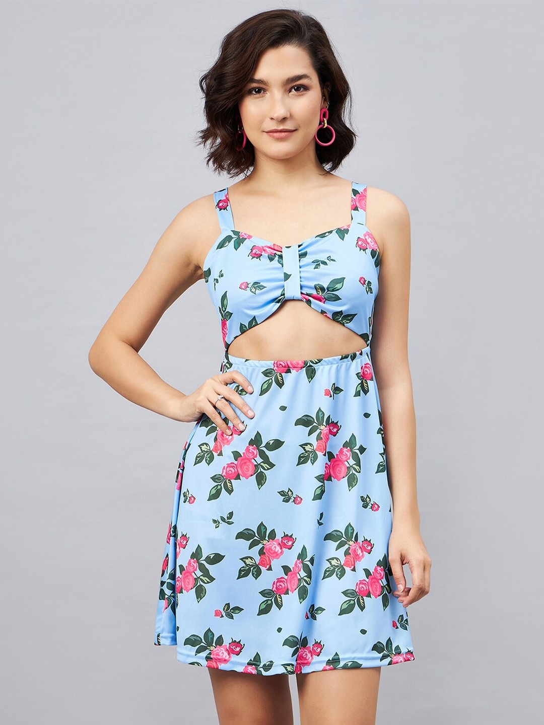 

Orchid Blues Floral Print Shoulder Strap Cut-out A-Line Dress, Blue