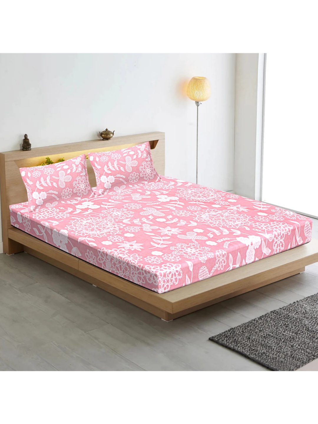 

INDHOME LIFE Pink & White Floral Cotton 210 TC Fitted Queen Bedsheet with 2 Pillow Covers