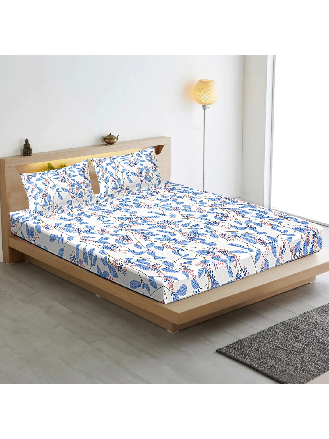 

INDHOME LIFE Blue & White Floral Cotton 210 TC Fitted Queen Bedsheet with 2 Pillow Covers