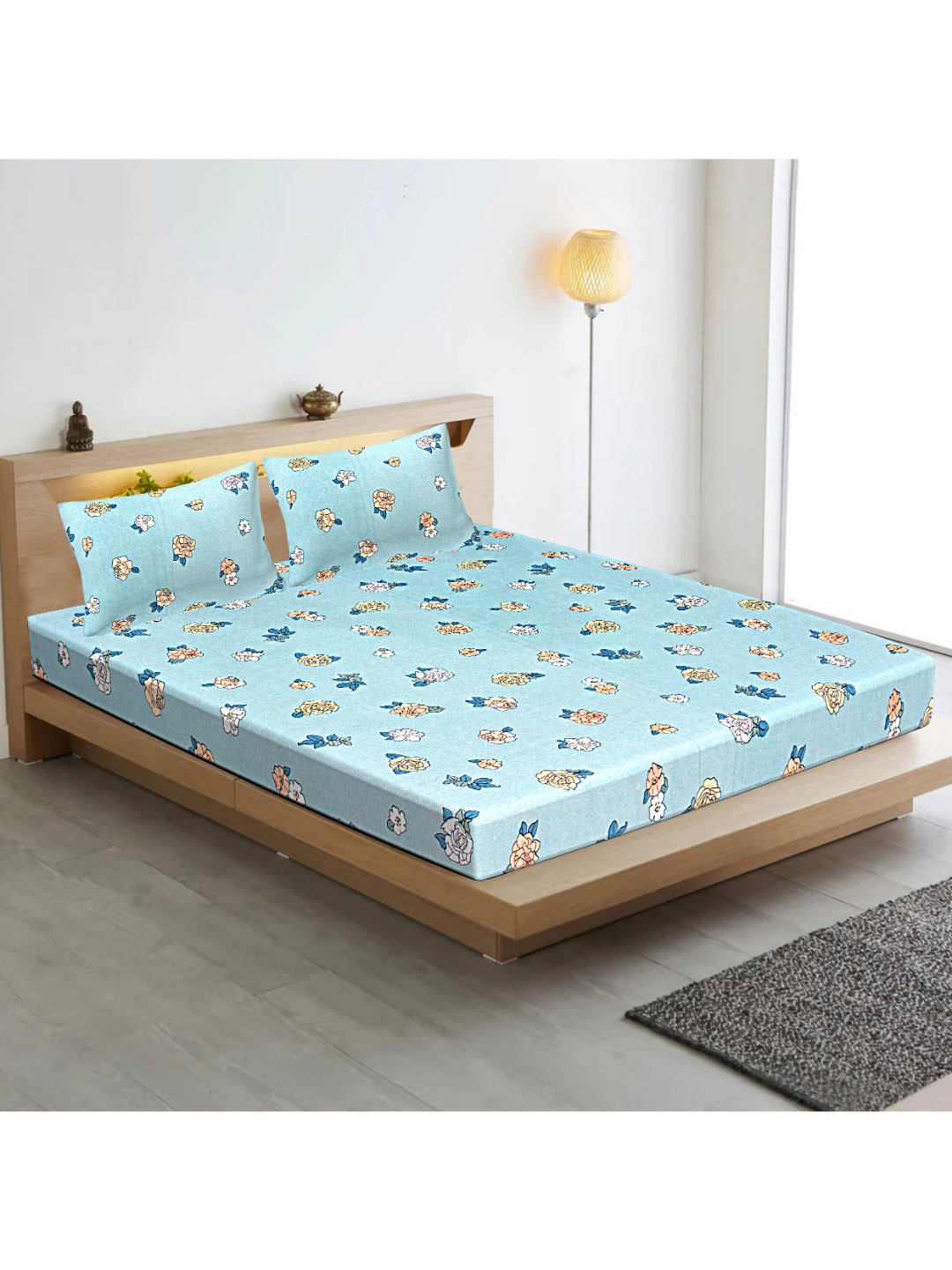 

INDHOME LIFE Green Floral Cotton 210 TC Fitted Queen Bedsheet with 2 Pillow Covers