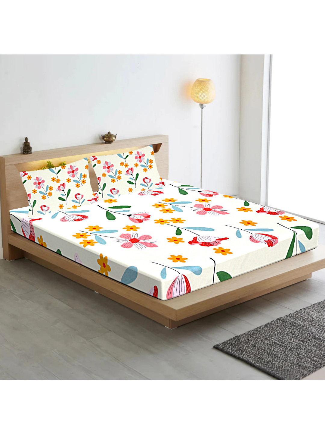 

INDHOME LIFE Cream-Coloured & Blue Floral 210 TC Queen Bedsheet with 2 Pillow Covers