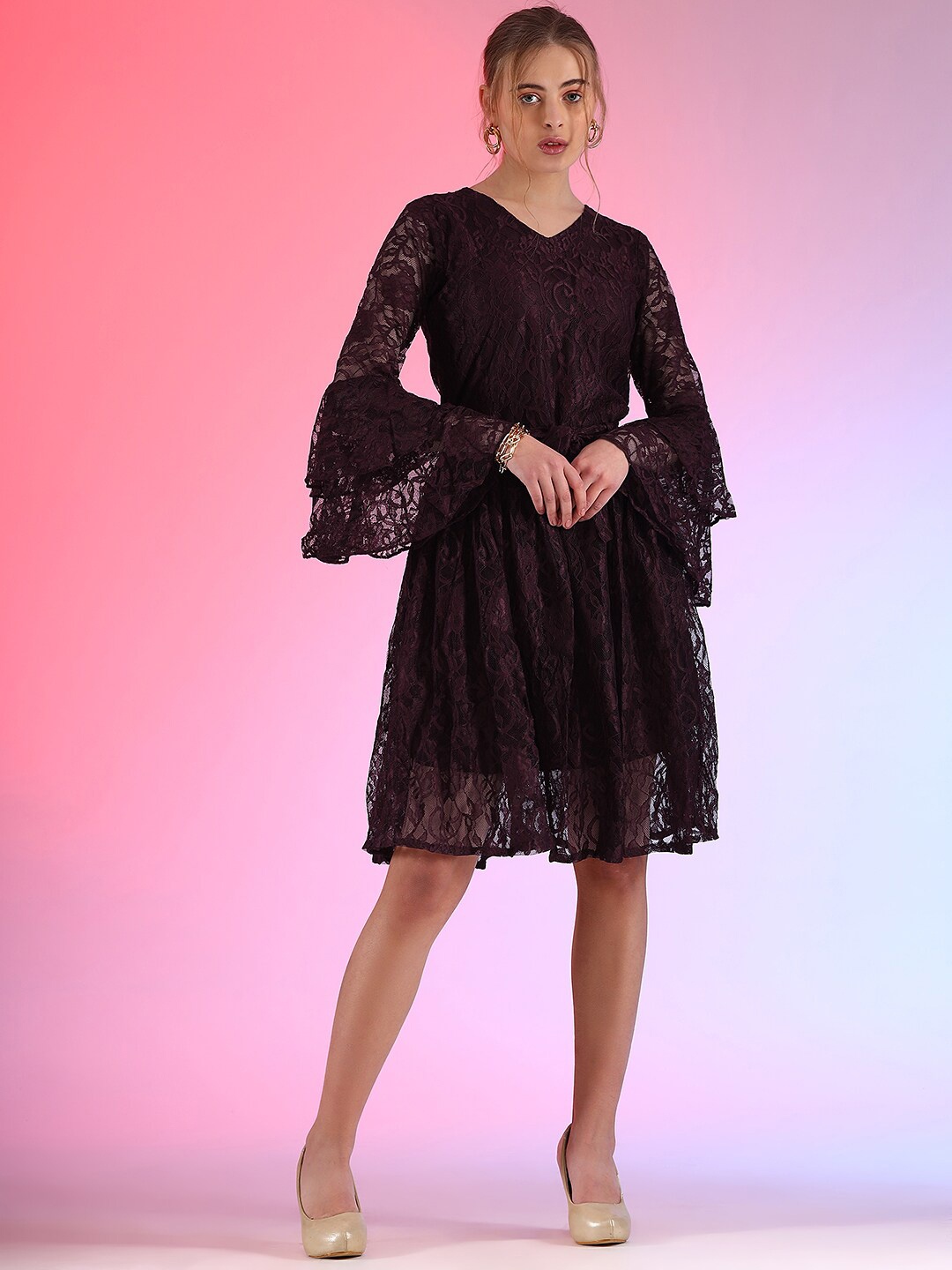 

WESTHOOD Floral Self Design Lace Inserts Bell Sleeves Fit & Flare Dress, Burgundy