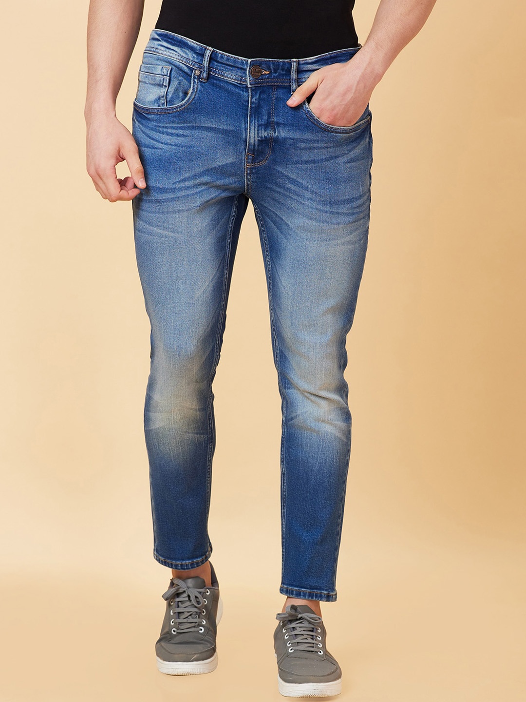 

Being Human Men Mid Rise Clean Look Heavy Fade Cropped Jeans, Blue