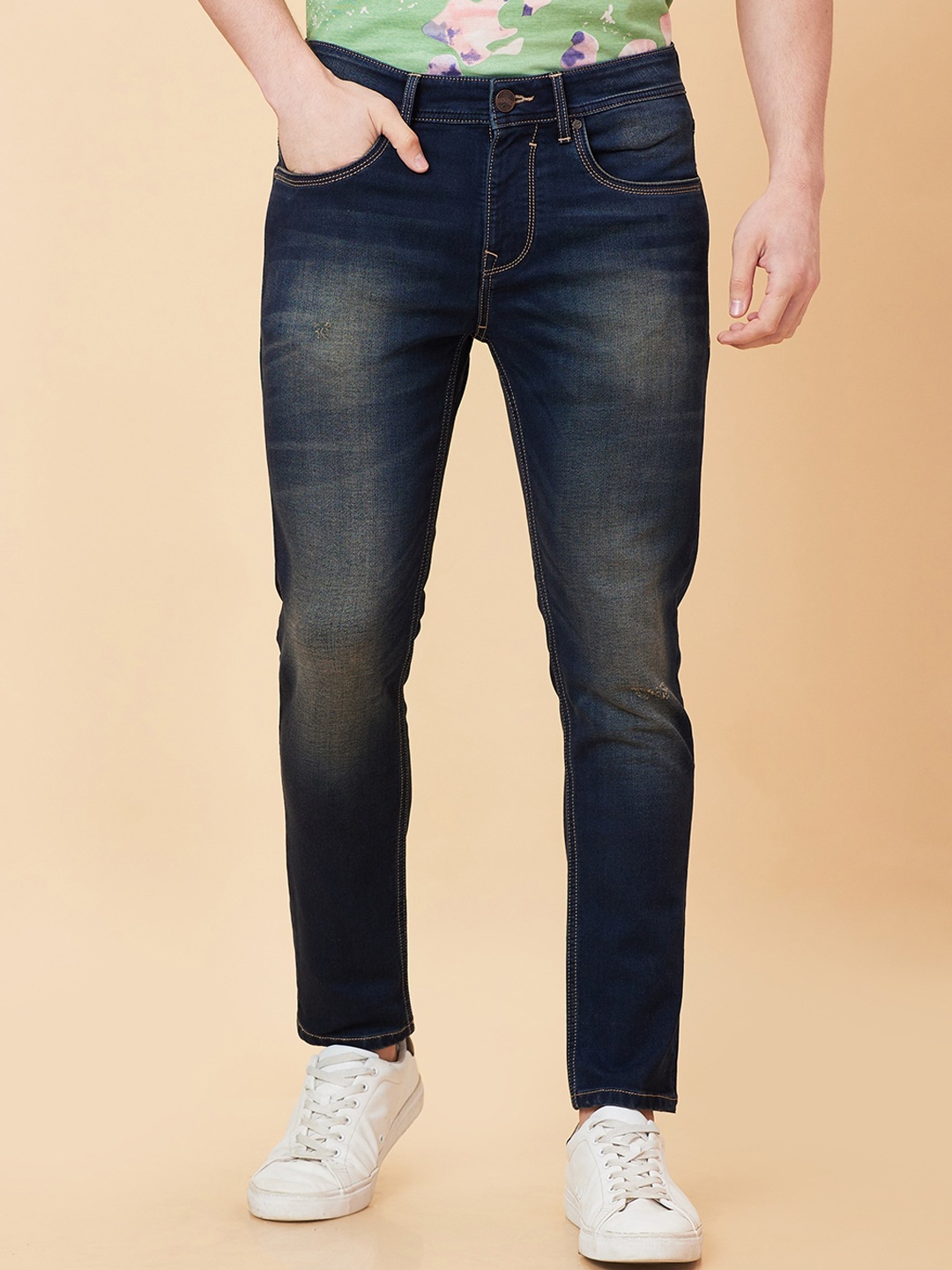

Being Human Men Slim Fit Mid Rise Low Distress Heavy Fade Cropped Jeans, Blue