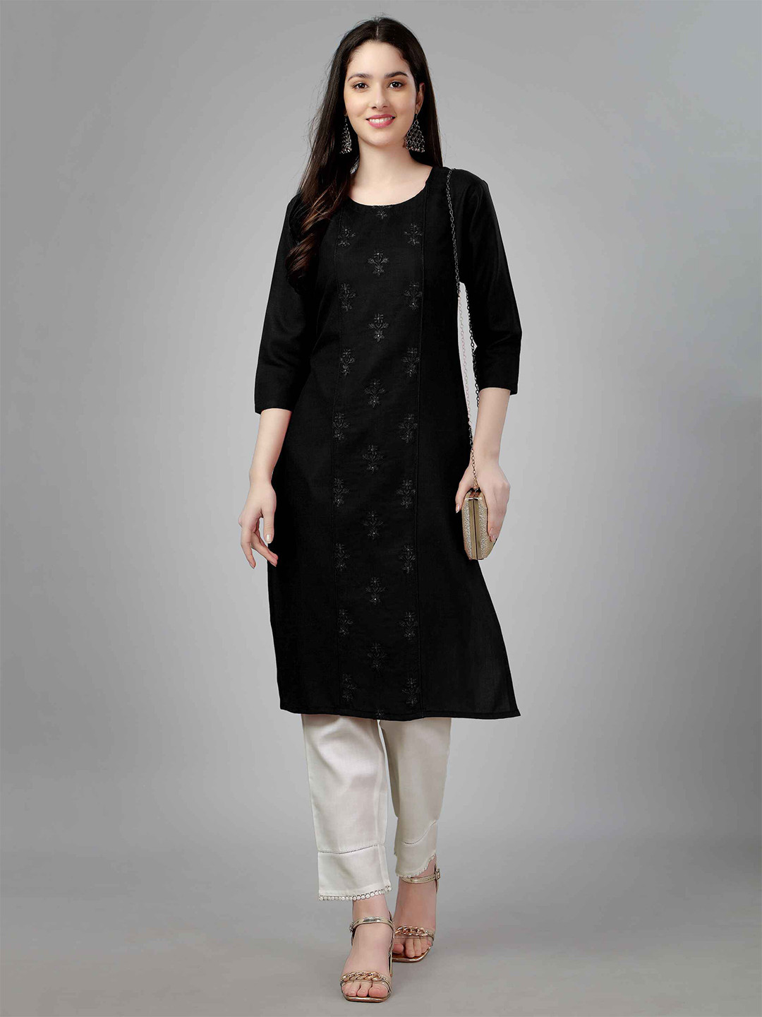 

Lyunica Ethnic Motifs Embroidered Straight Pure Cotton Kurta, Black