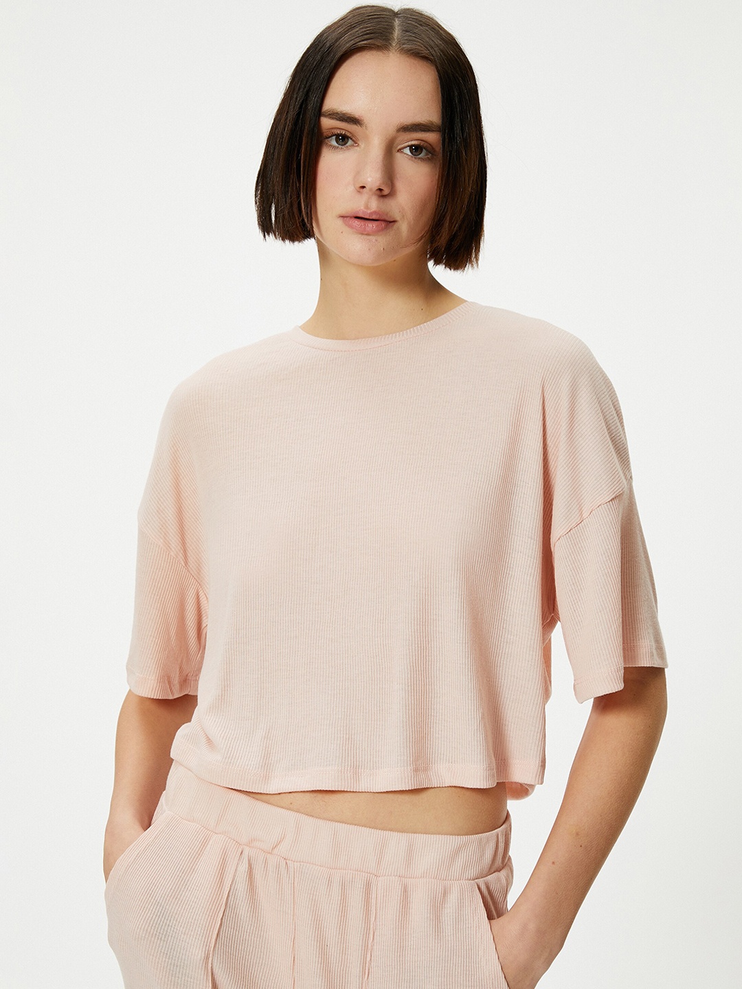 

Koton Ribbed Crop Top With Trouser, Pink