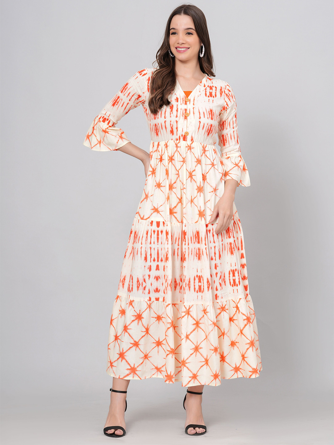 

KALINI Geometric Printed V-Neck Bell Sleeves Gathered Tiered Maxi Dress, White