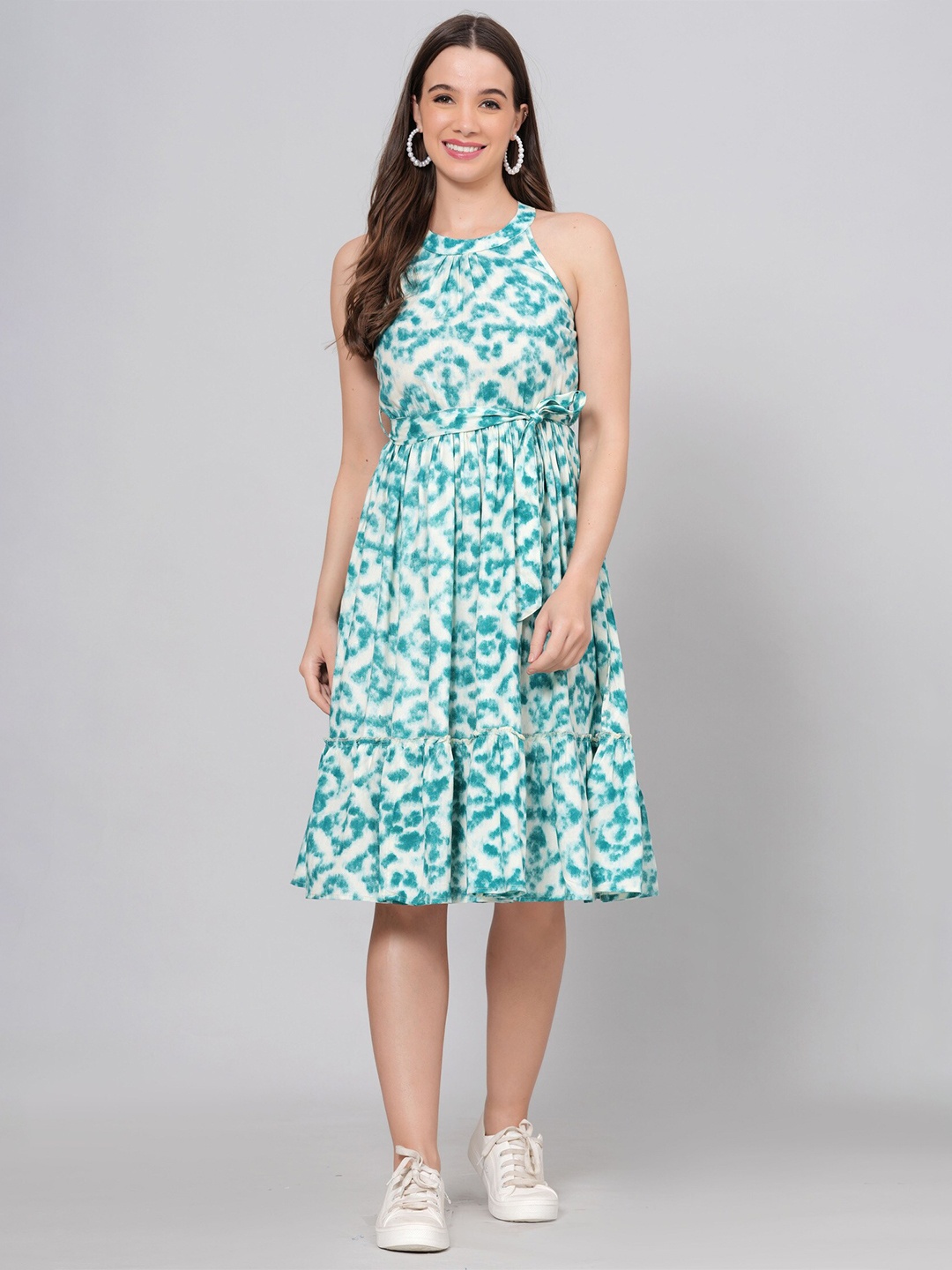 

KALINI Abstract Printed Round Neck Sleeveless Gathered Fit & Flare Dress, Blue
