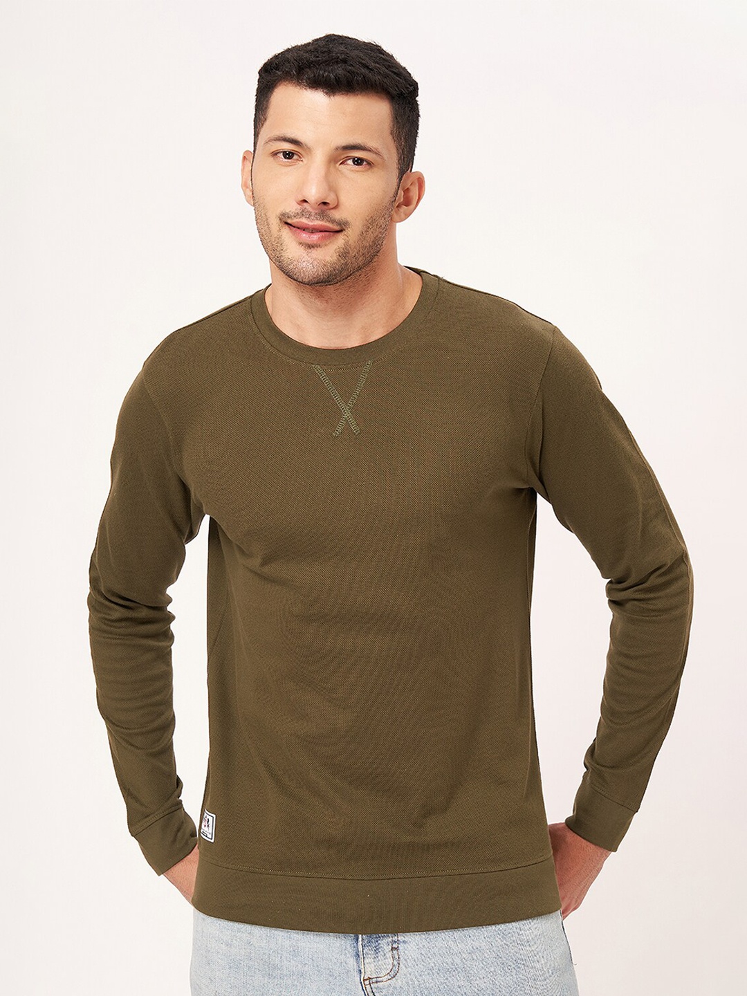 

ZU Round Neck Pure Cotton Pullover Sweatshirt, Olive