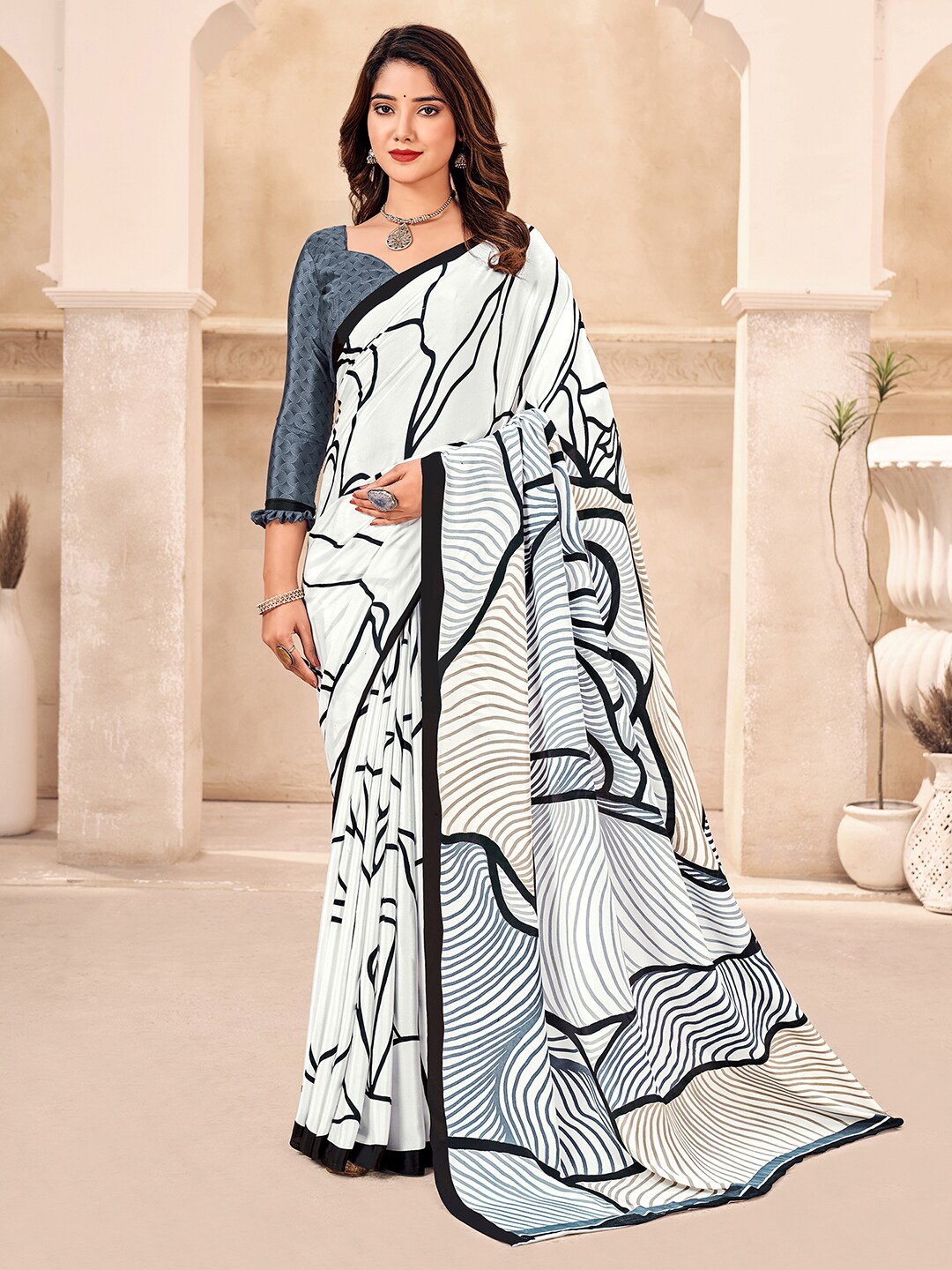 

Mitera White & Black Abstract Printed Bagru Saree