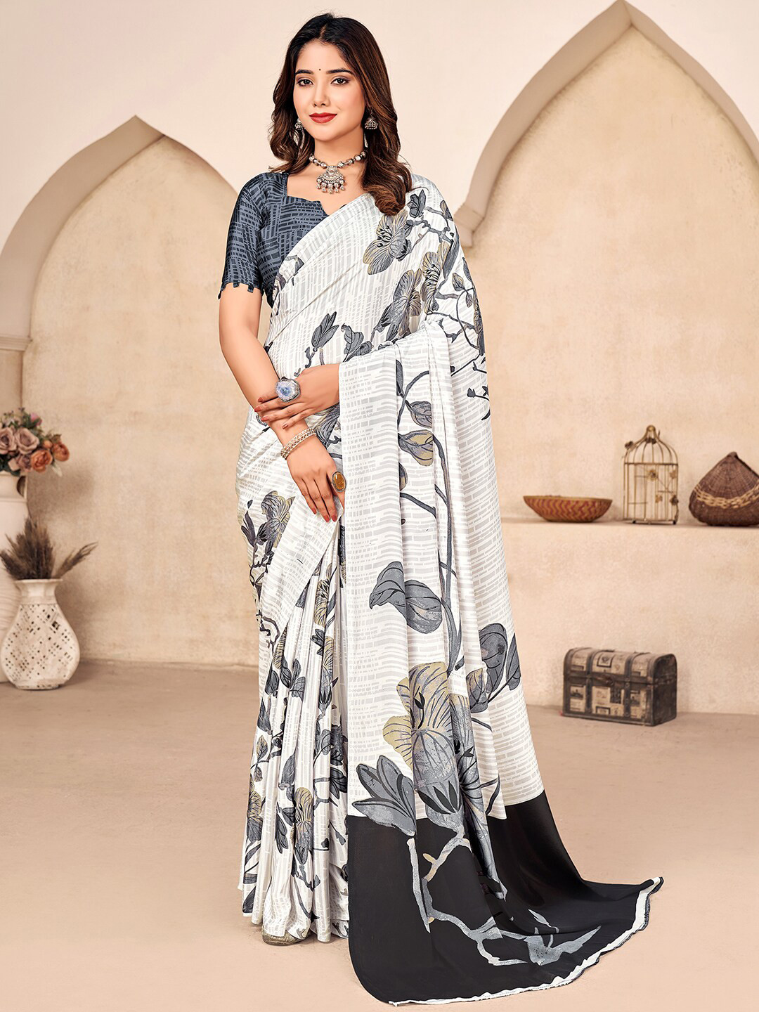 

Mitera White & Black Floral Printed Bagru Saree